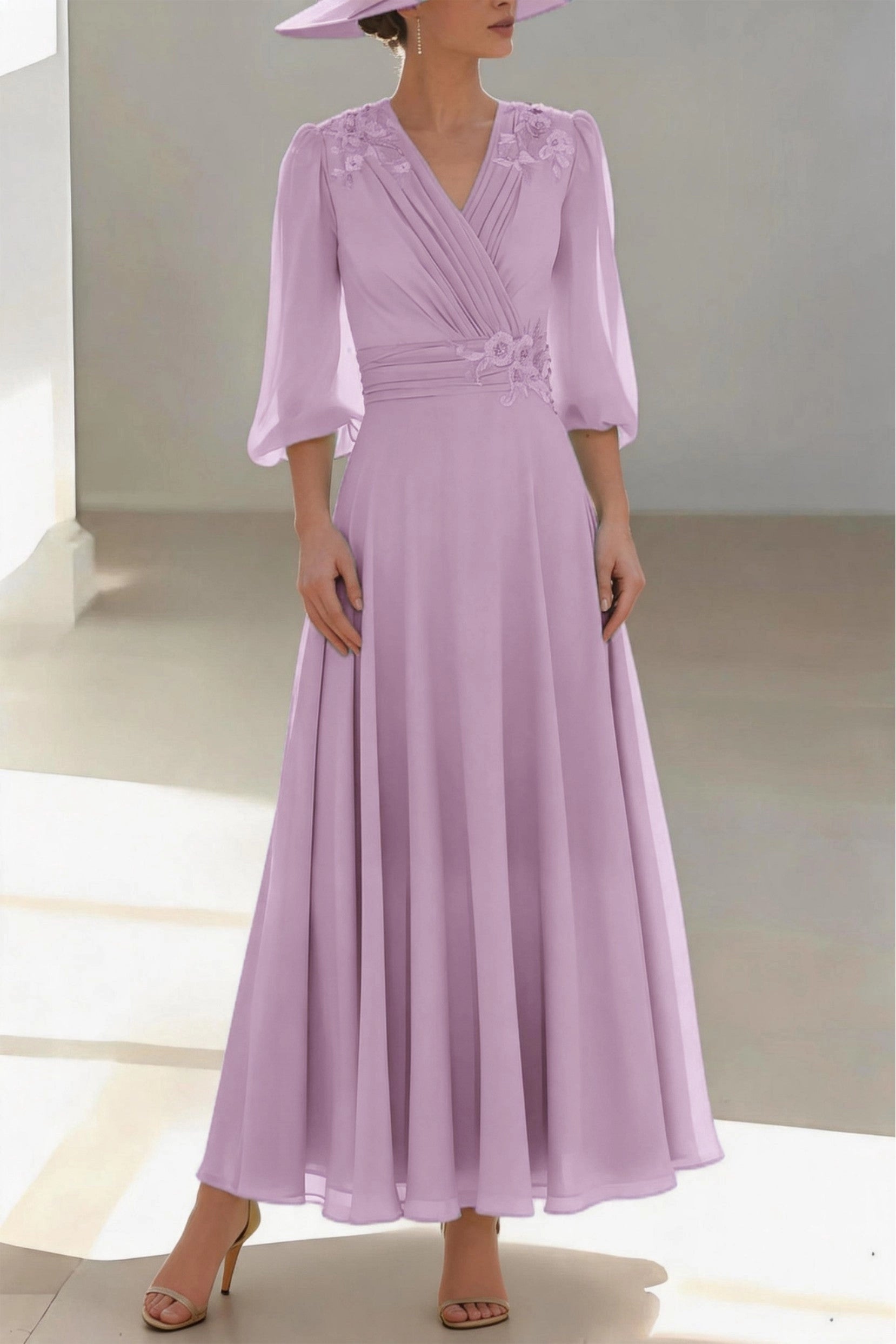 Soft A-Line V Neck 3/4 Sleeve Zip Back Floor Length Mother Of The Bride Dress