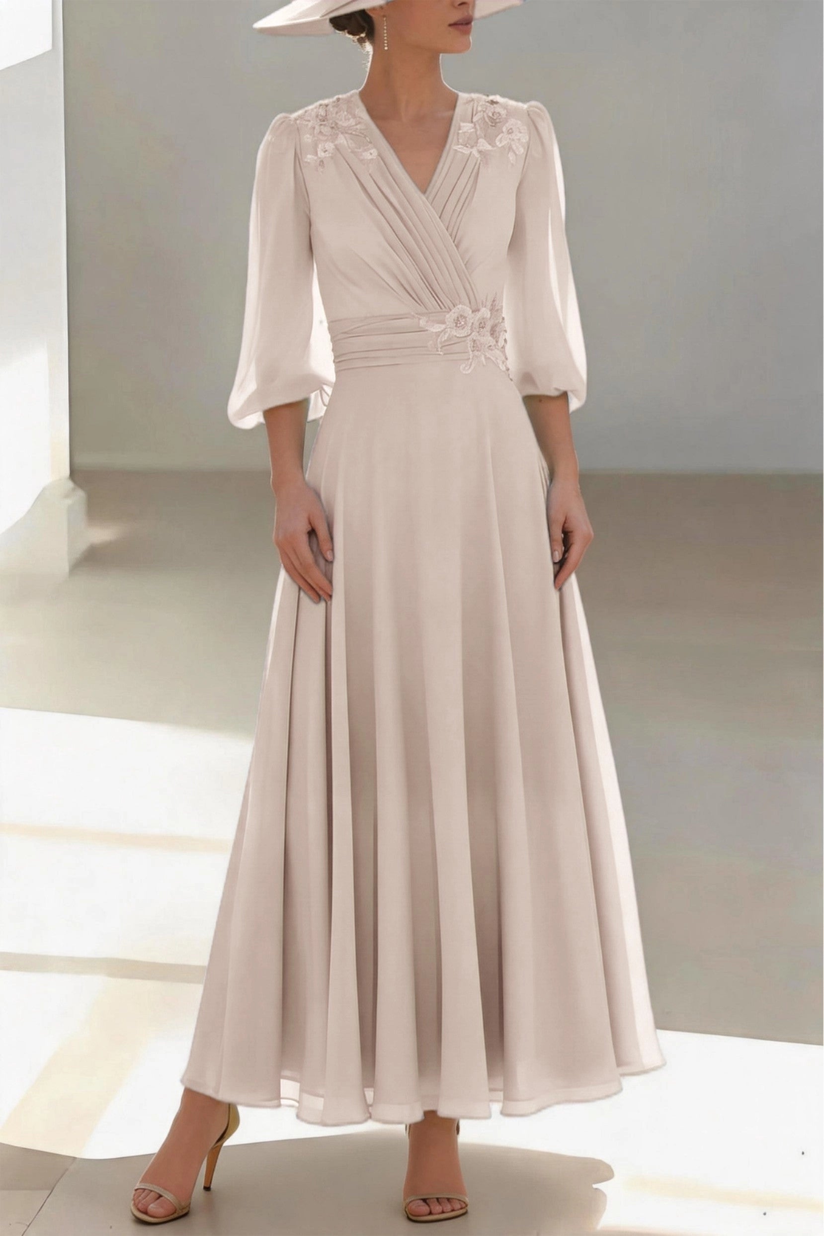 Soft A-Line V Neck 3/4 Sleeve Zip Back Floor Length Mother Of The Bride Dress