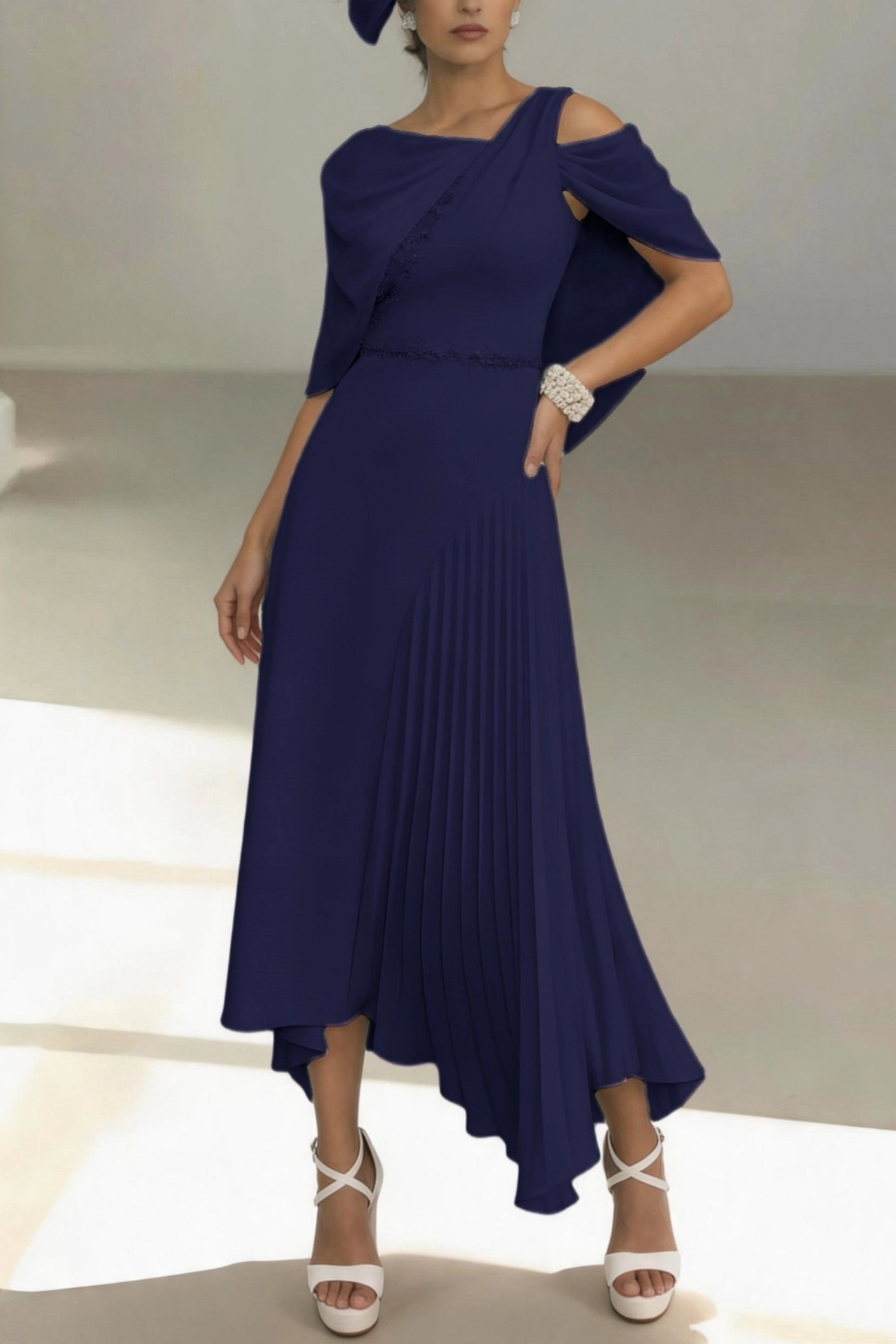 Unique Asymmetrical Midi Cold Shoulder Cape Zip Back High Low Mother Of The Bride Dress