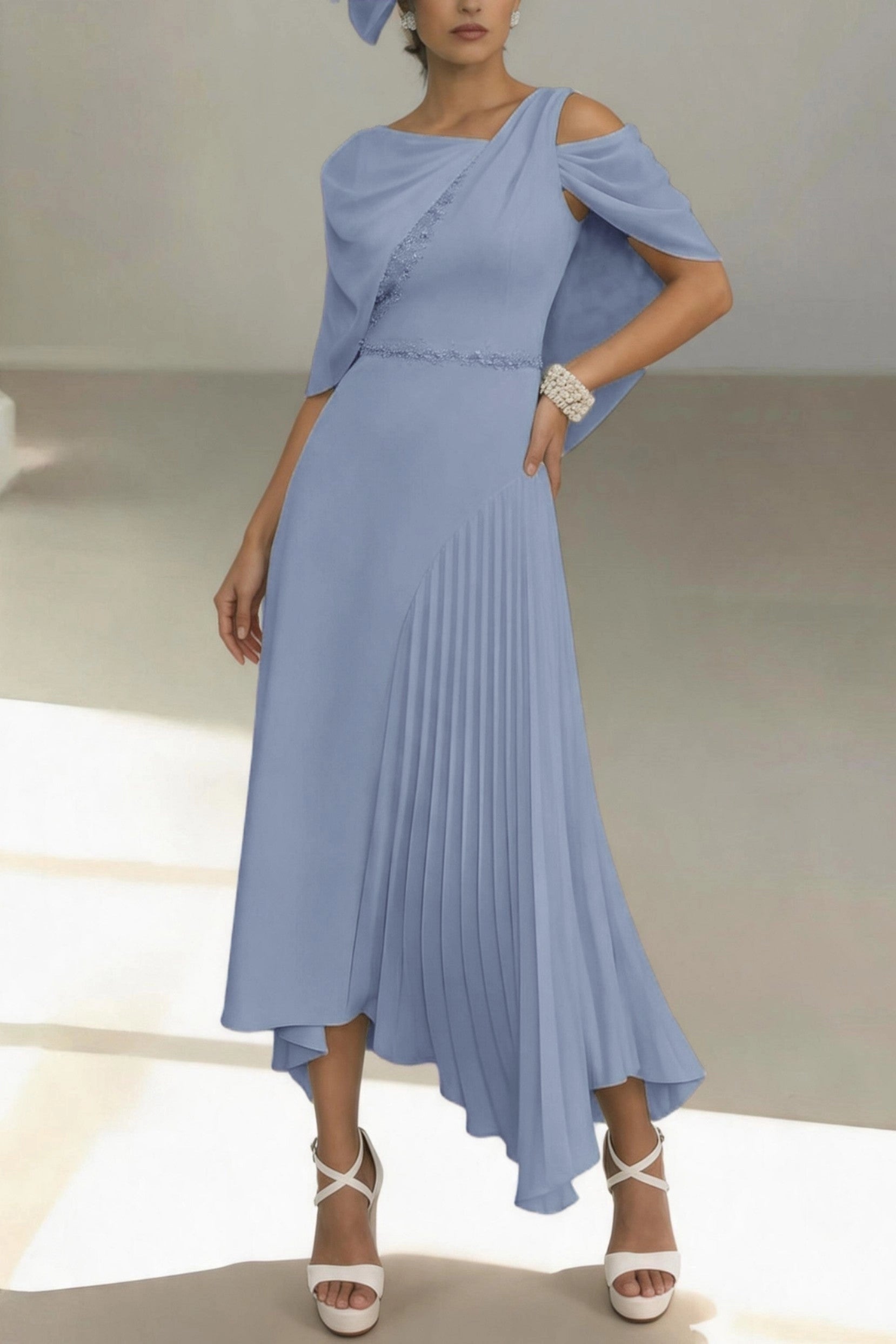 Vedress light blue chiffon asymmetrical cape cold shoulder midi mother of the bride dress with beaded trim & pleated high low skirt for Ascot garden wedding