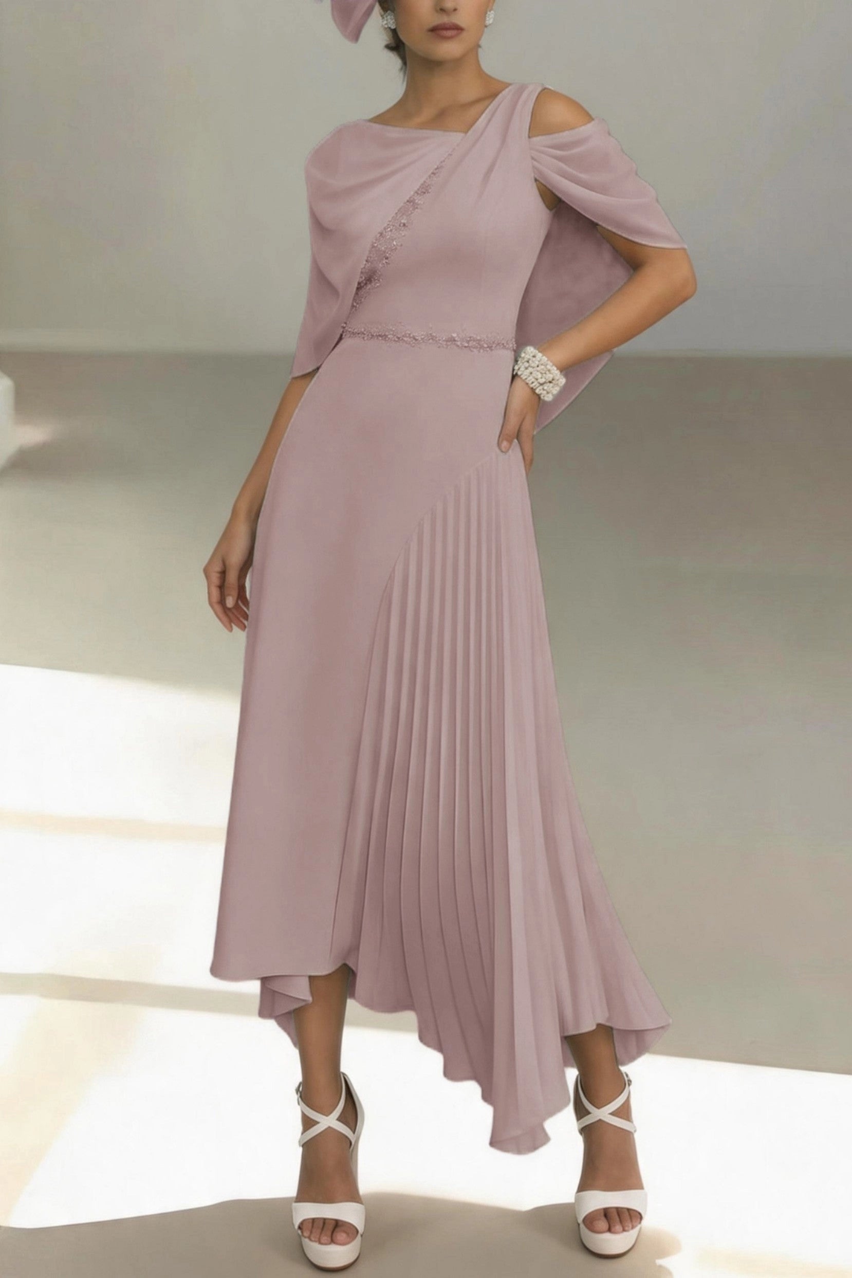 Unique Asymmetrical Midi Cold Shoulder Cape Zip Back High Low Mother Of The Bride Dress