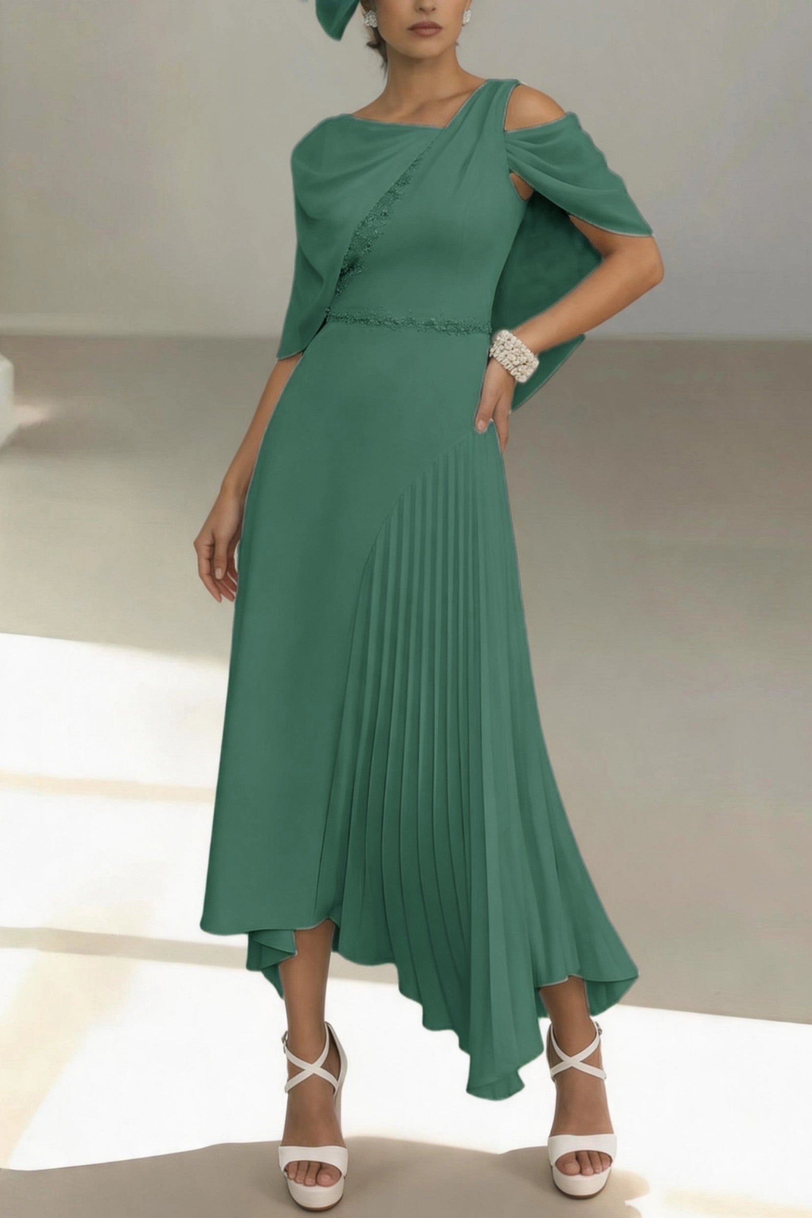 Unique Asymmetrical Midi Cold Shoulder Cape Zip Back High Low Mother Of The Bride Dress