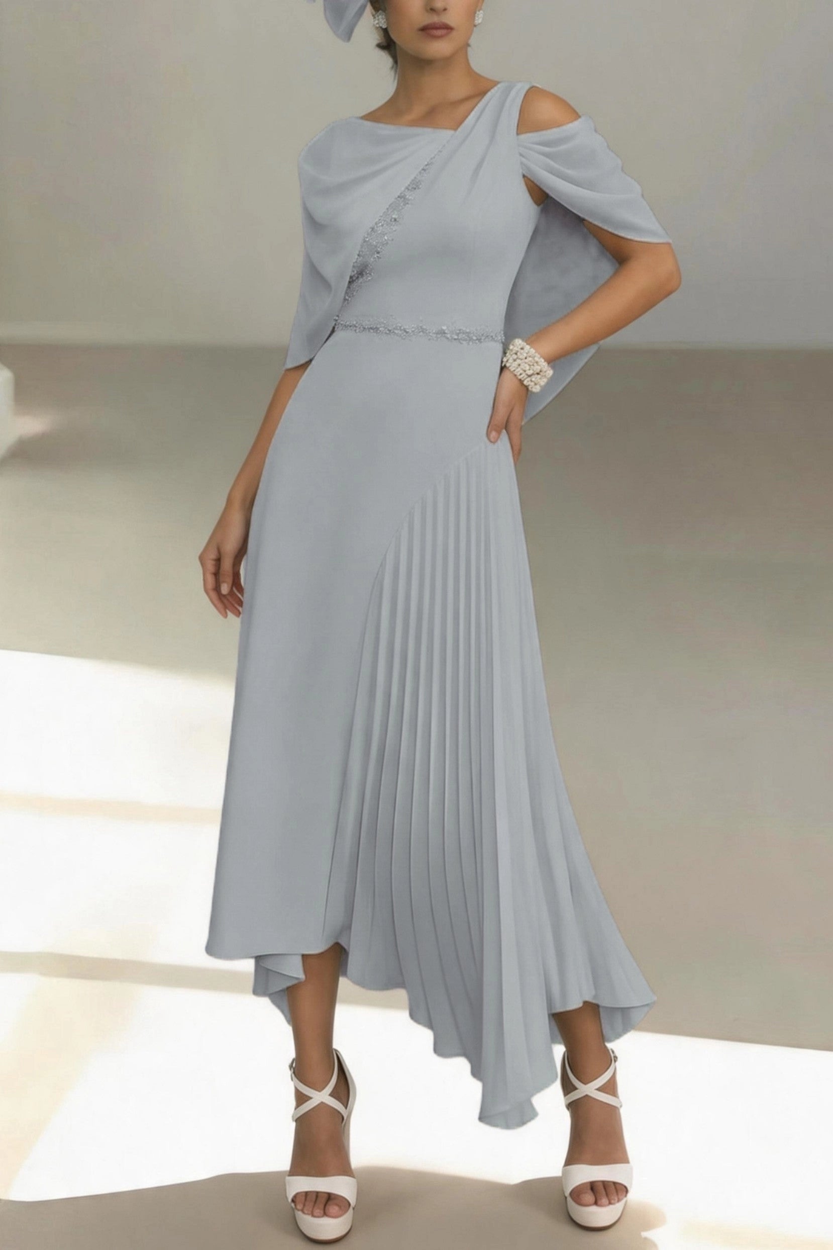 Unique Asymmetrical Midi Cold Shoulder Cape Zip Back High Low Mother Of The Bride Dress