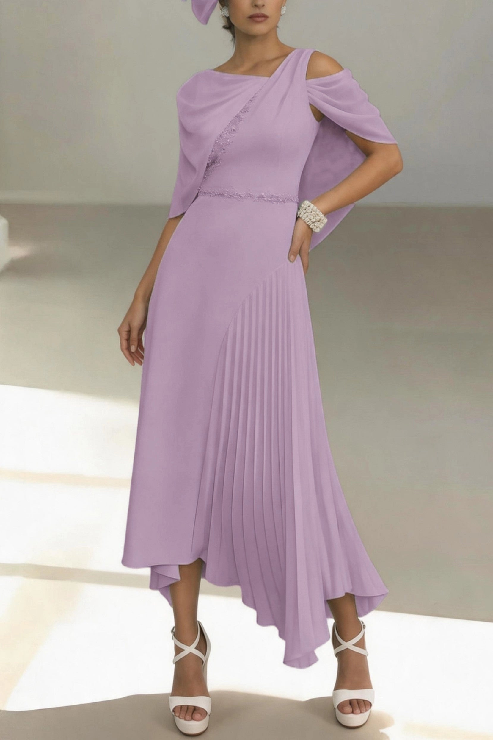 Unique Asymmetrical Midi Cold Shoulder Cape Zip Back High Low Mother Of The Bride Dress