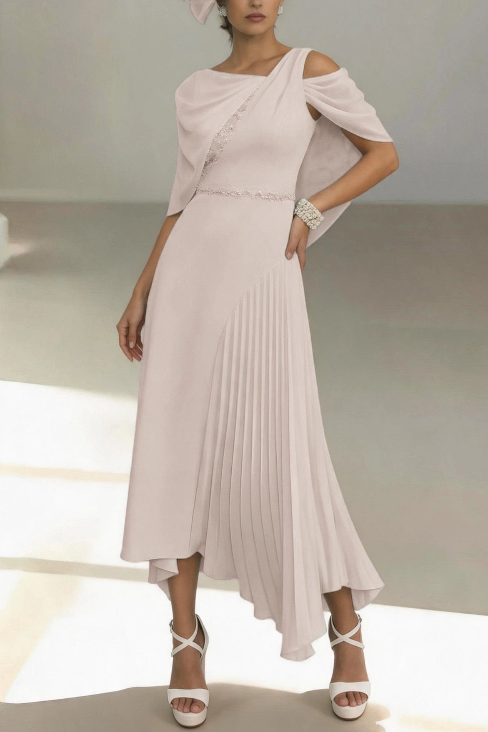 Unique Asymmetrical Midi Cold Shoulder Cape Zip Back High Low Mother Of The Bride Dress