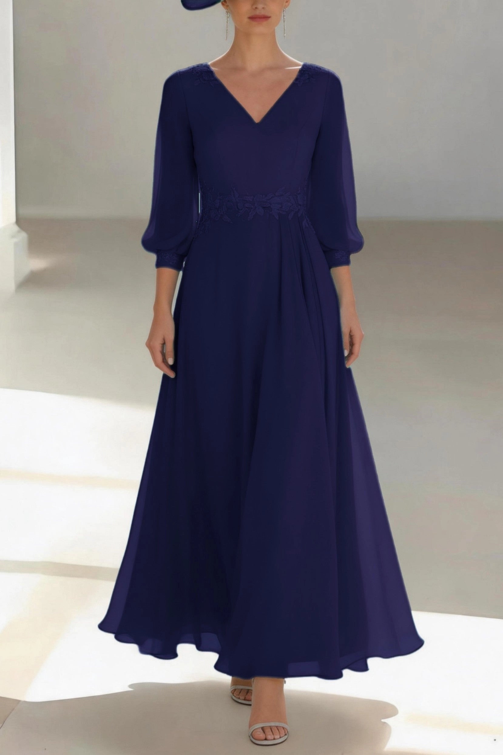 Soft A-Line V Neck 3/4 Lace Sleeve Zip Back Floor Length Mother Of The Bride Dress