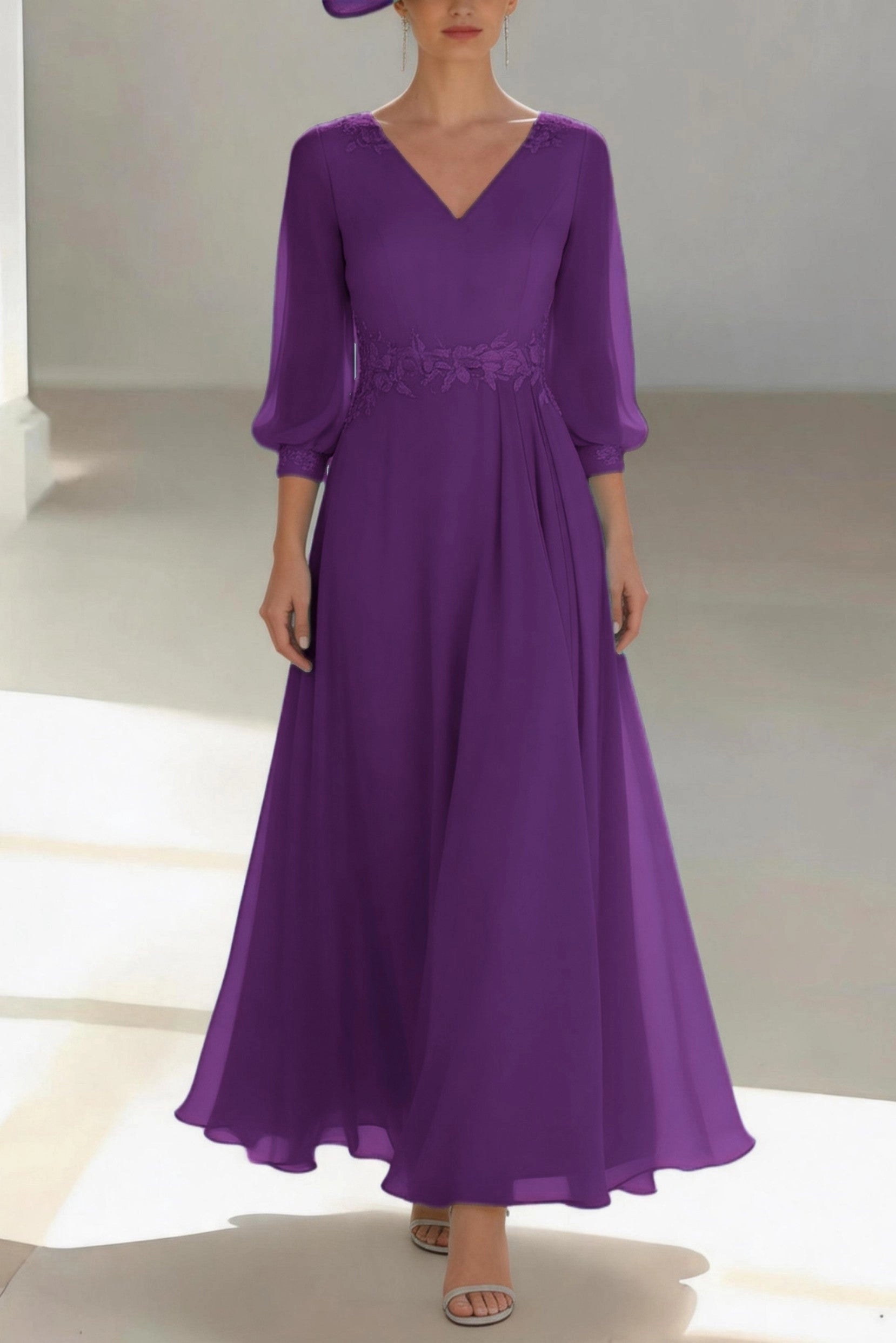 Soft A-Line V Neck 3/4 Lace Sleeve Zip Back Floor Length Mother Of The Bride Dress