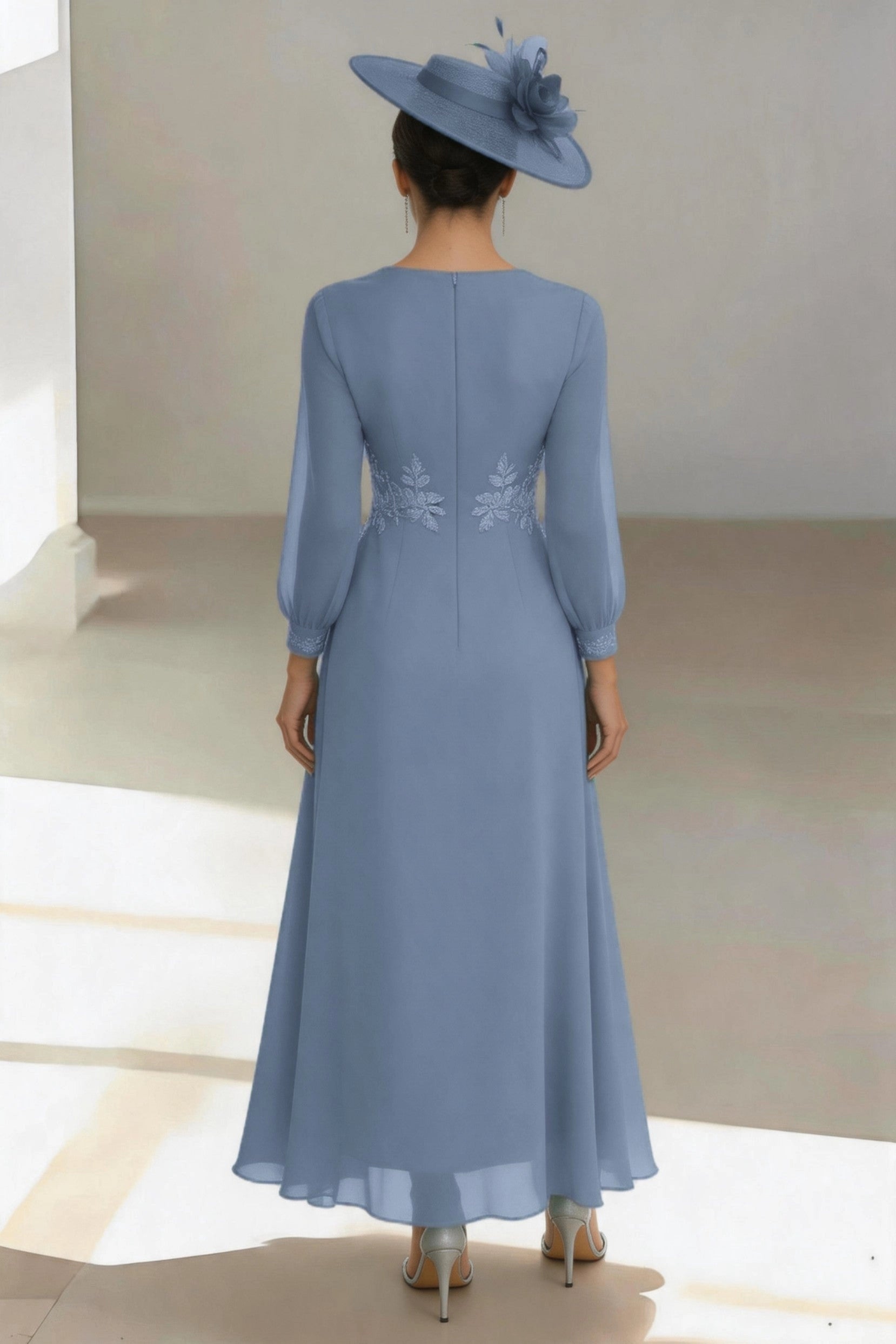 Soft A-Line V Neck 3/4 Lace Sleeve Zip Back Floor Length Mother Of The Bride Dress