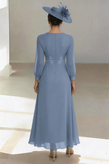 Soft A-Line V Neck 3/4 Lace Sleeve Zip Back Floor Length Mother Of The Bride Dress