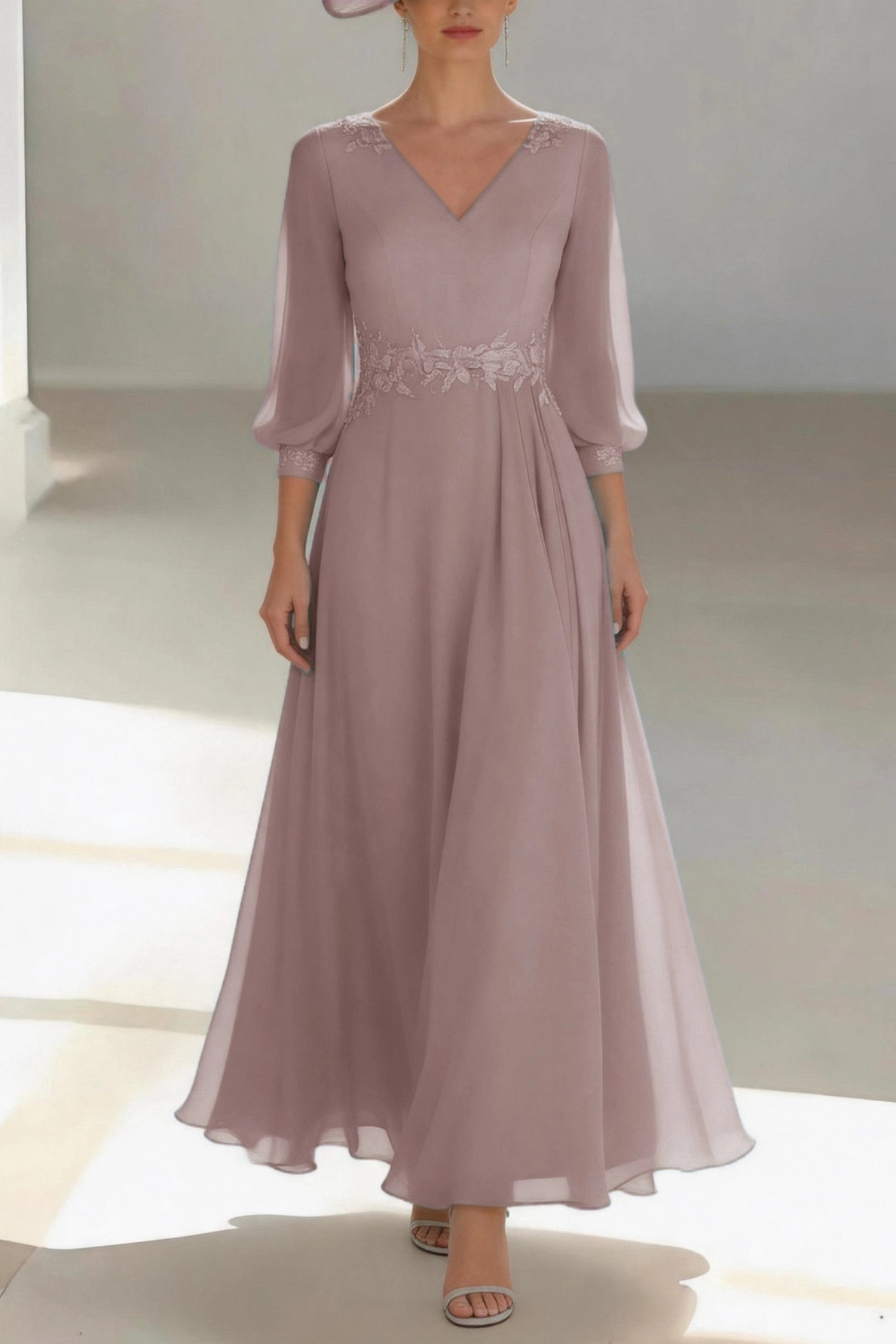 Soft A-Line V Neck 3/4 Lace Sleeve Zip Back Floor Length Mother Of The Bride Dress