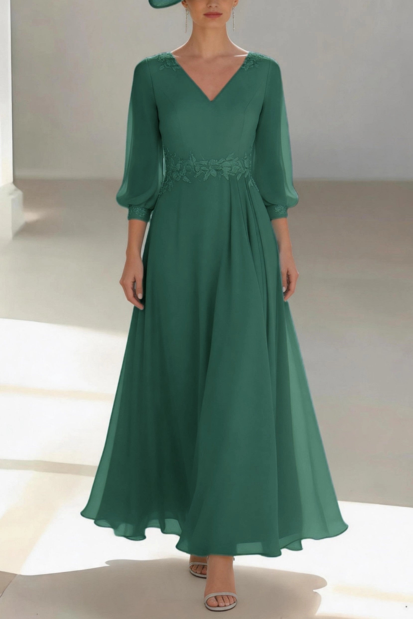 Soft A-Line V Neck 3/4 Lace Sleeve Zip Back Floor Length Mother Of The Bride Dress