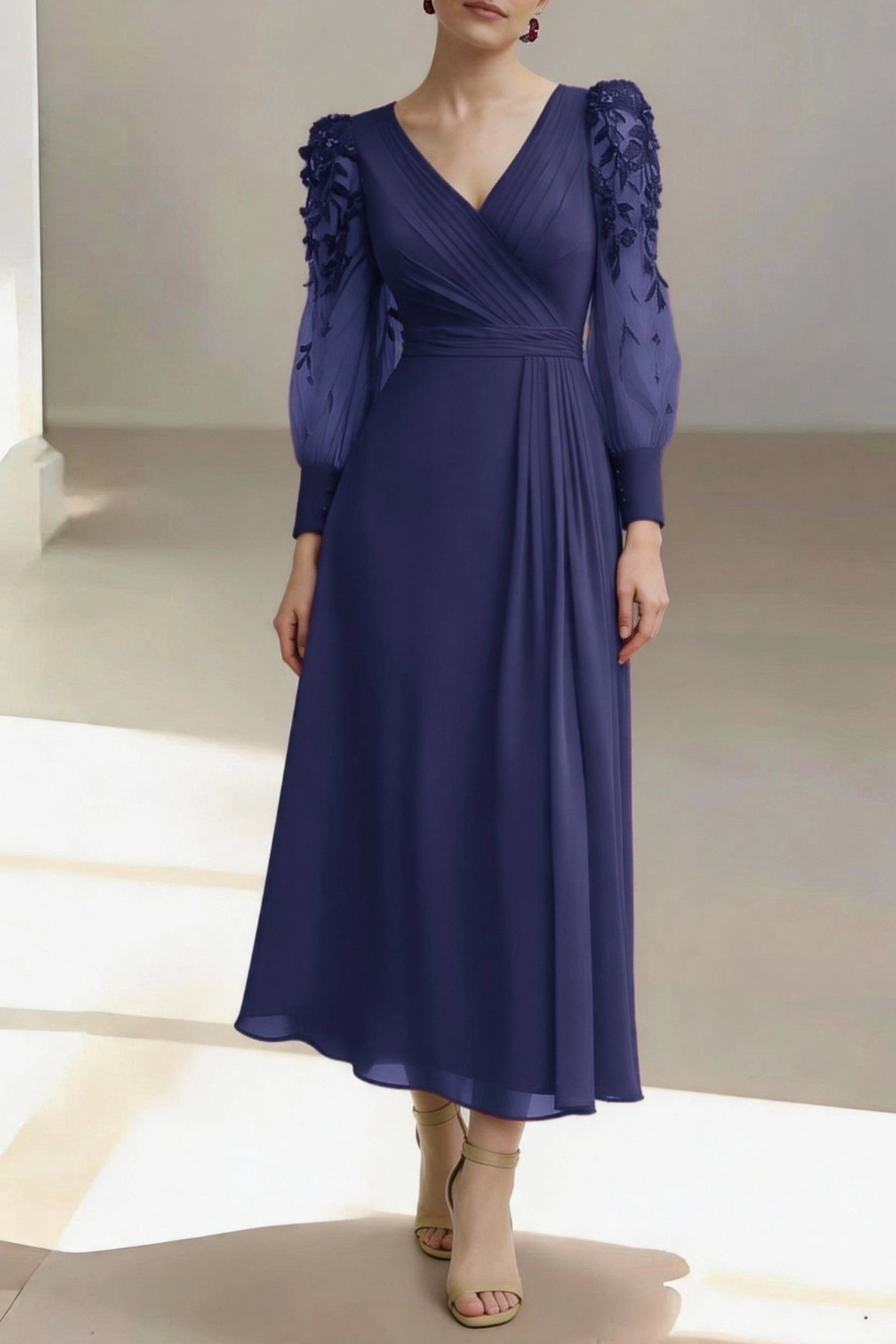 Chic A-Line V Neck Long Lace Sleeve Zip Back Midi Mother Of The Bride Dress