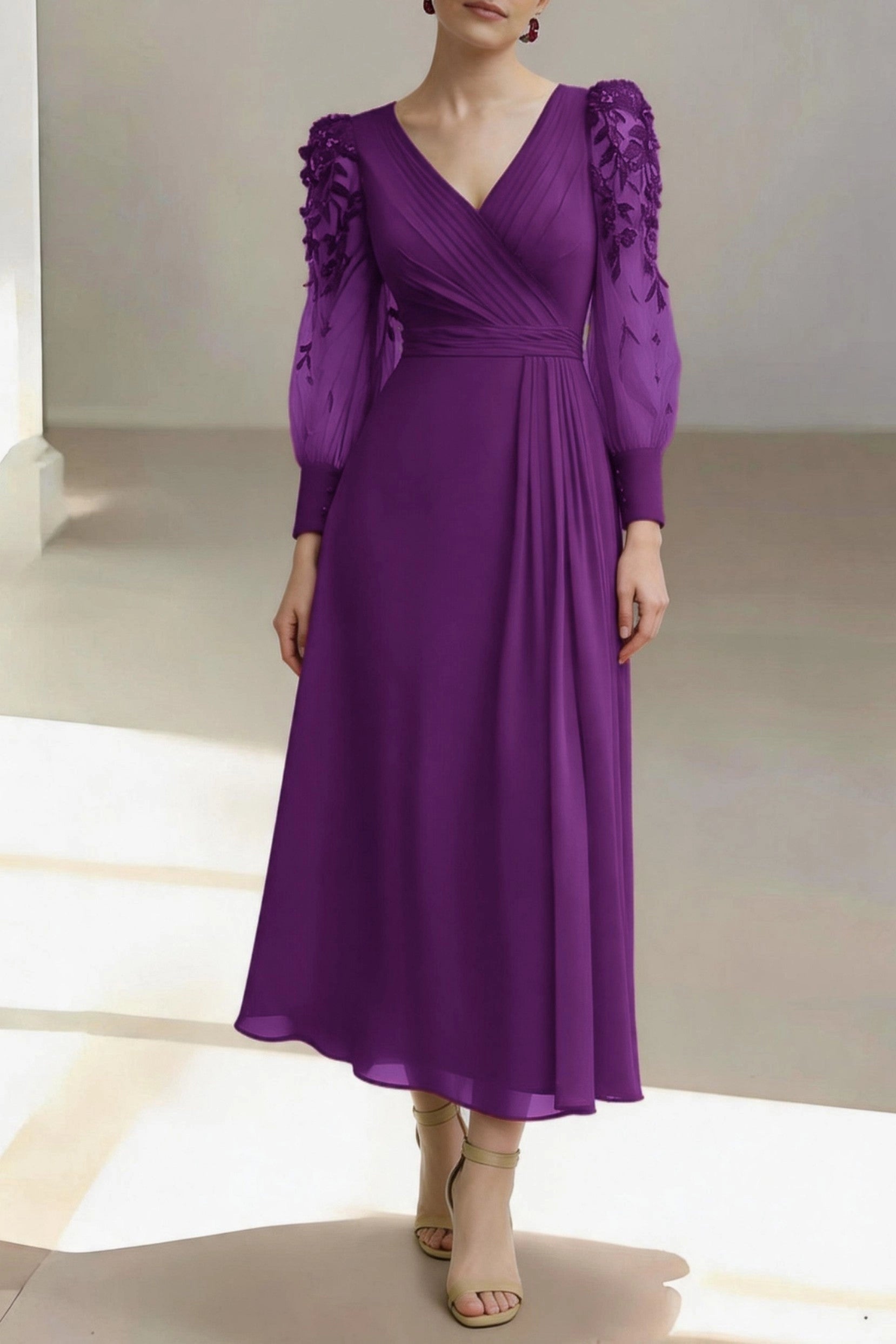 Vedress purple chiffon a-line midi mother of the bride dress v neck long lace puff sleeve for garden wedding formal event