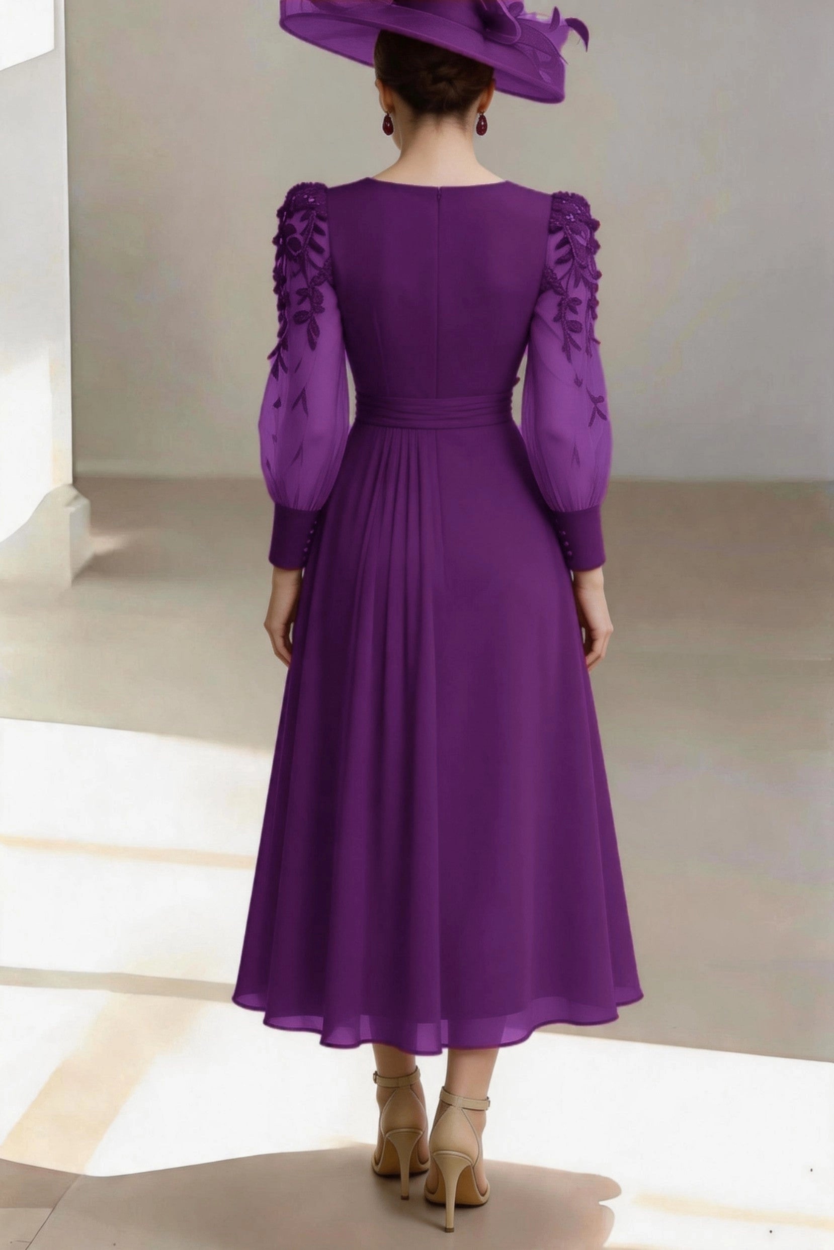 Chic A-Line V Neck Long Lace Sleeve Zip Back Midi Mother Of The Bride Dress