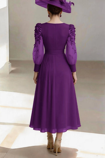 Chic A-Line V Neck Long Lace Sleeve Zip Back Midi Mother Of The Bride Dress