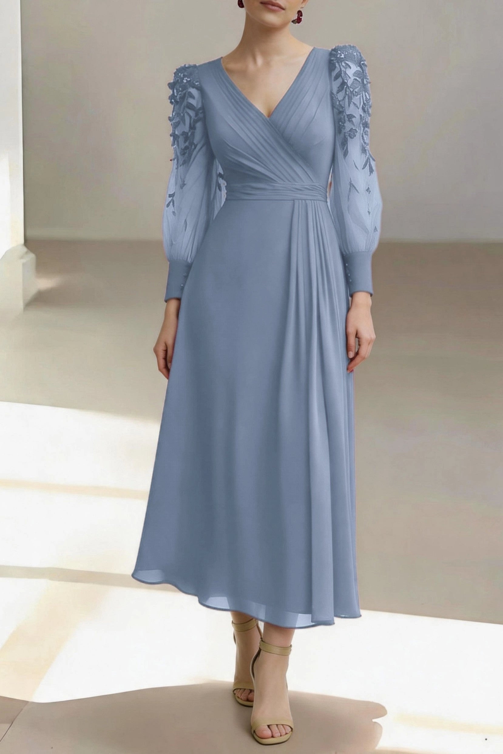 Chic A-Line V Neck Long Lace Sleeve Zip Back Midi Mother Of The Bride Dress
