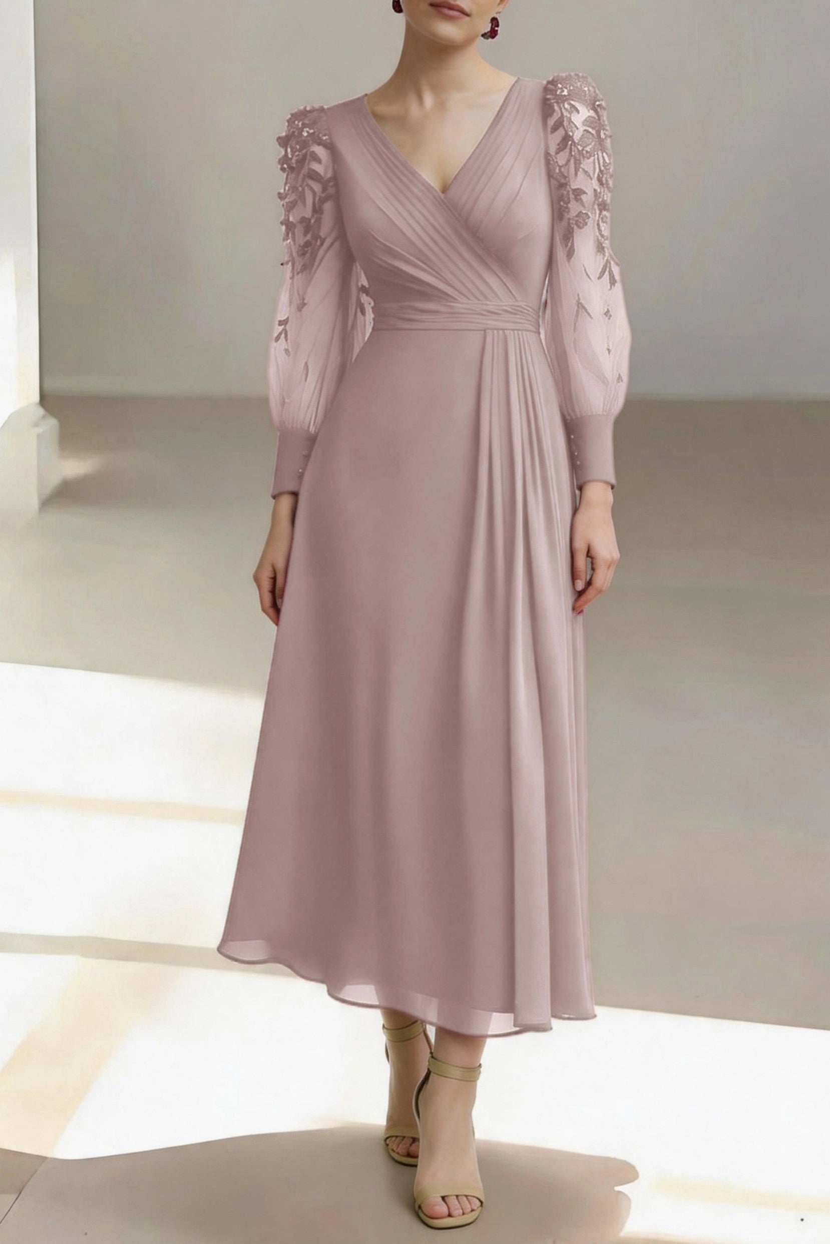 Chic A-Line V Neck Long Lace Sleeve Zip Back Midi Mother Of The Bride Dress