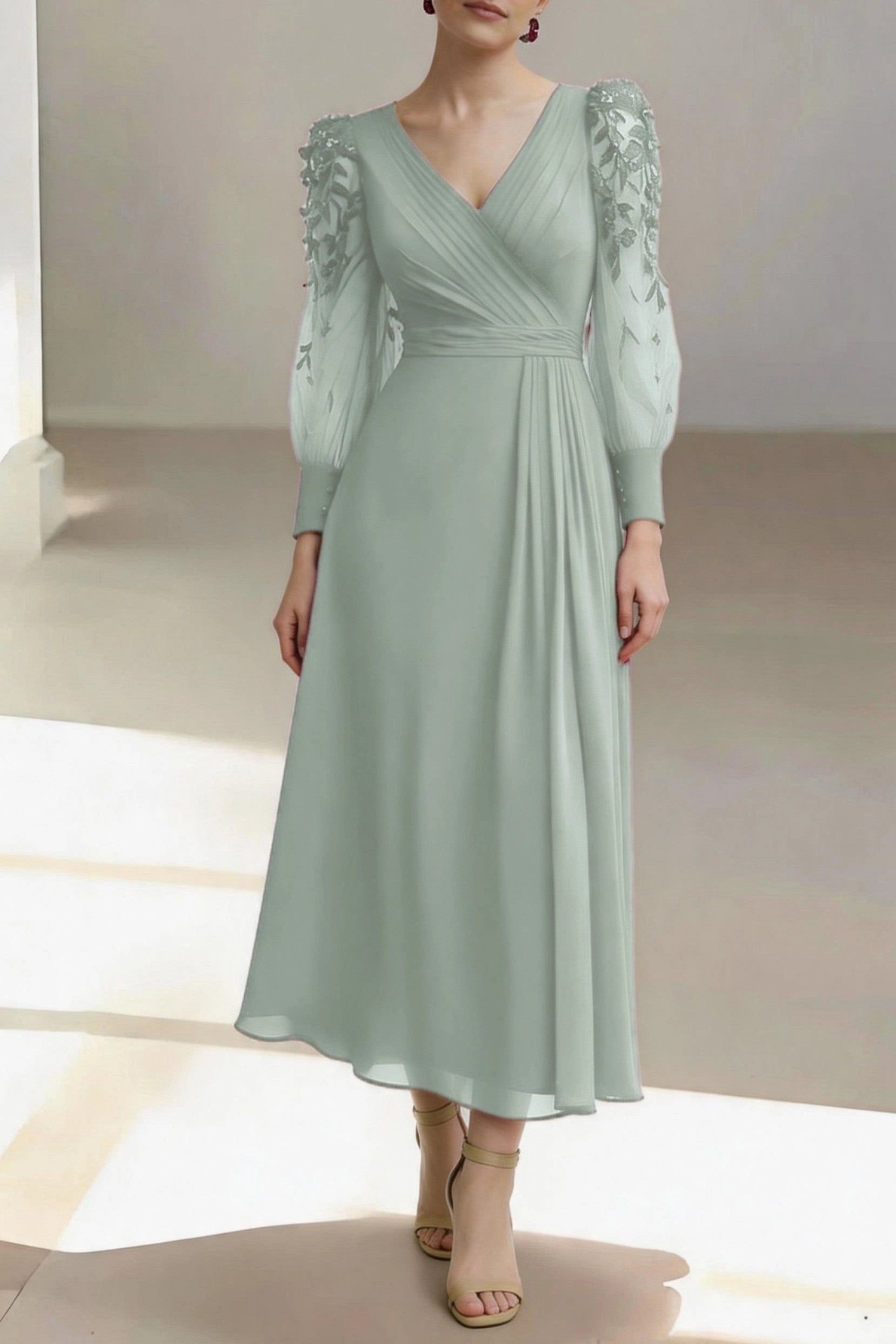 Chic A-Line V Neck Long Lace Sleeve Zip Back Midi Mother Of The Bride Dress