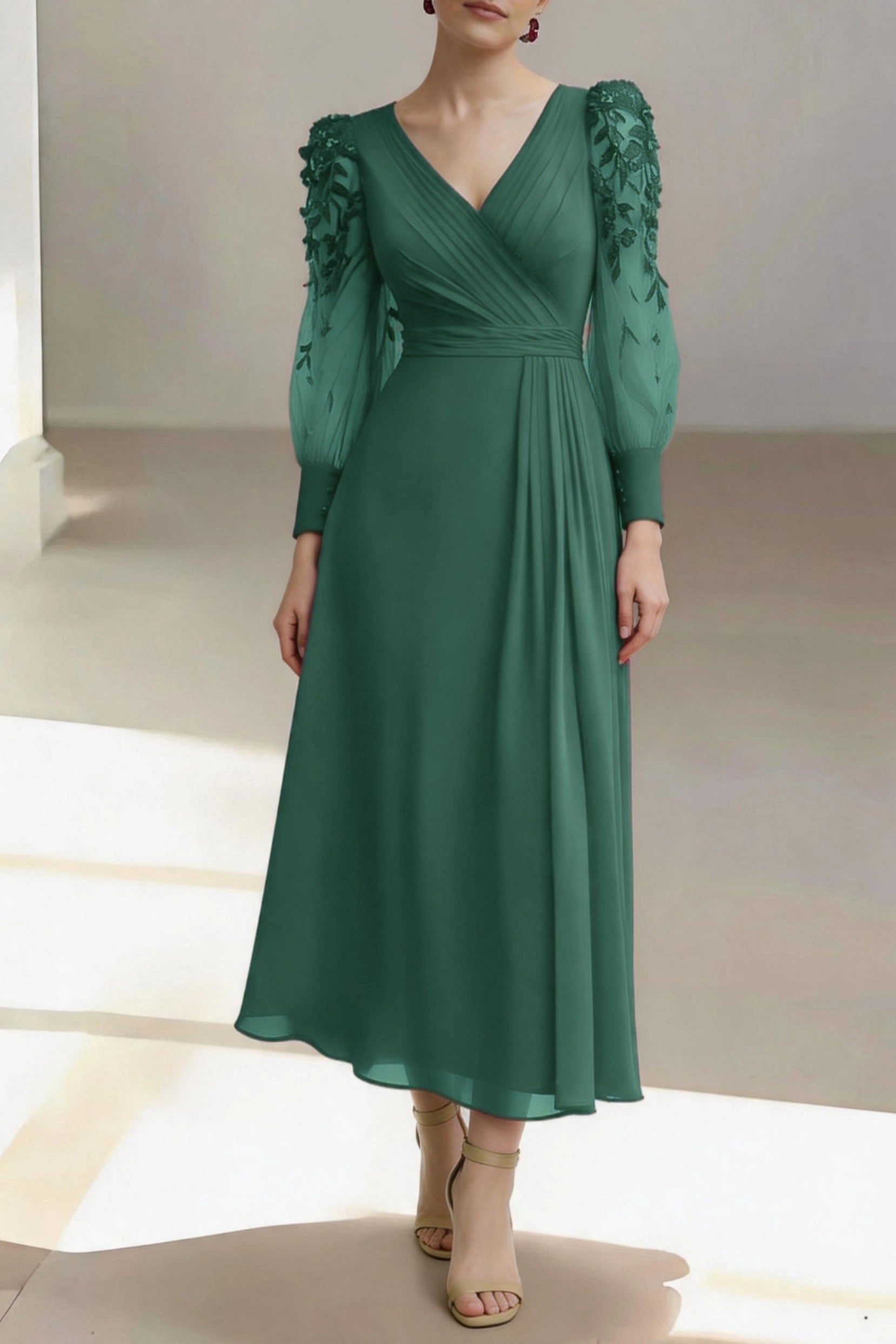 Chic A-Line V Neck Long Lace Sleeve Zip Back Midi Mother Of The Bride Dress