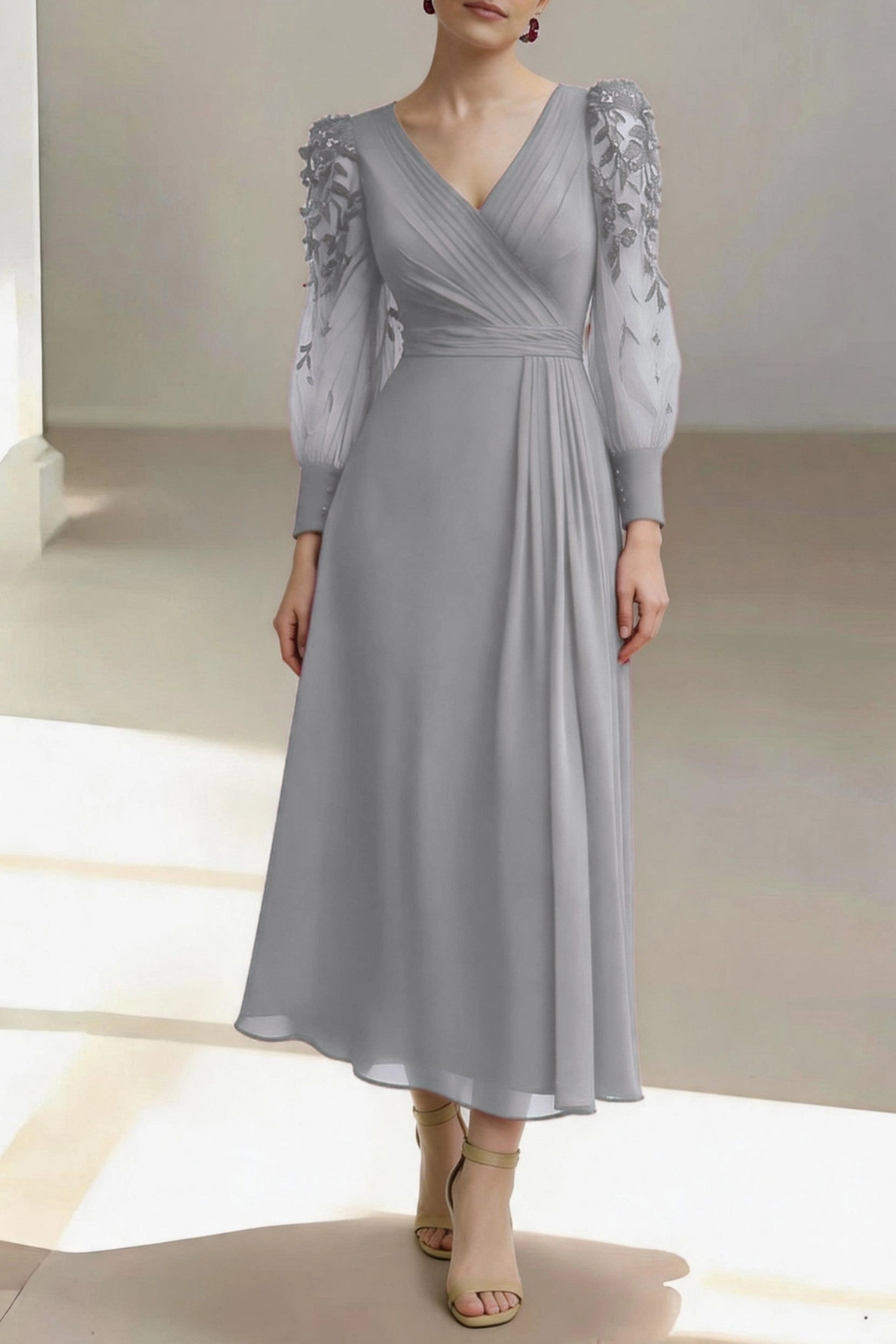 Chic A-Line V Neck Long Lace Sleeve Zip Back Midi Mother Of The Bride Dress