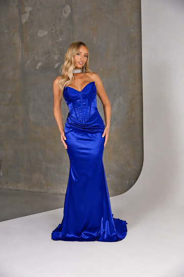 Strapless Satin Mermaid Evening Gown Boned Corset Wedding Guest Dress With Train