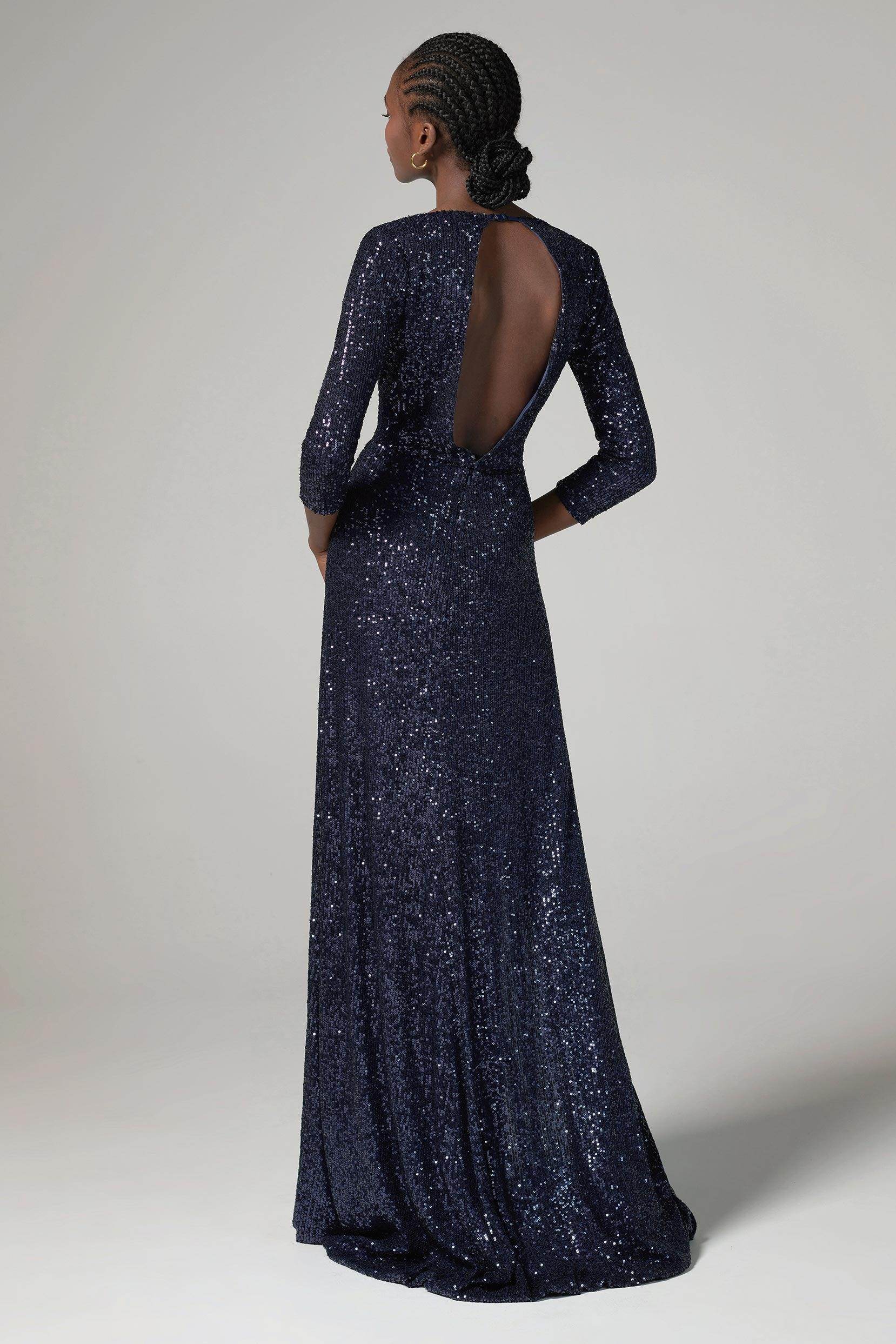 Luxe Sheath V-Neck Three-Quarter Sleeve Sequin Cutout Slit Evening Dress