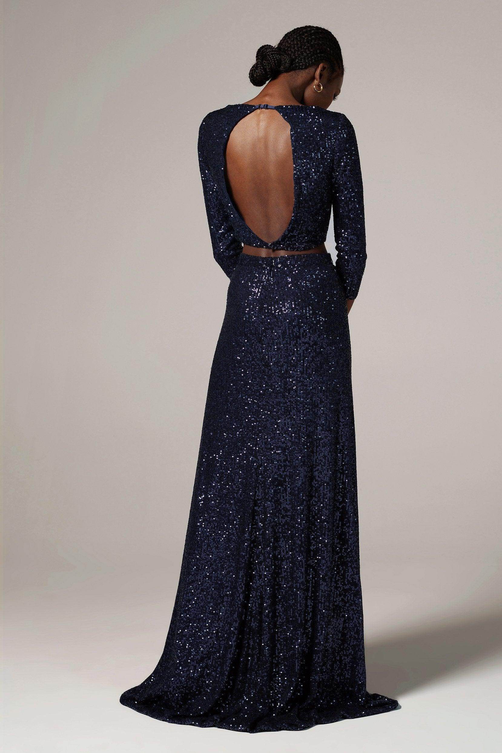 Luxe Sheath V-Neck Three-Quarter Sleeve Sequin Cutout Slit Evening Dress