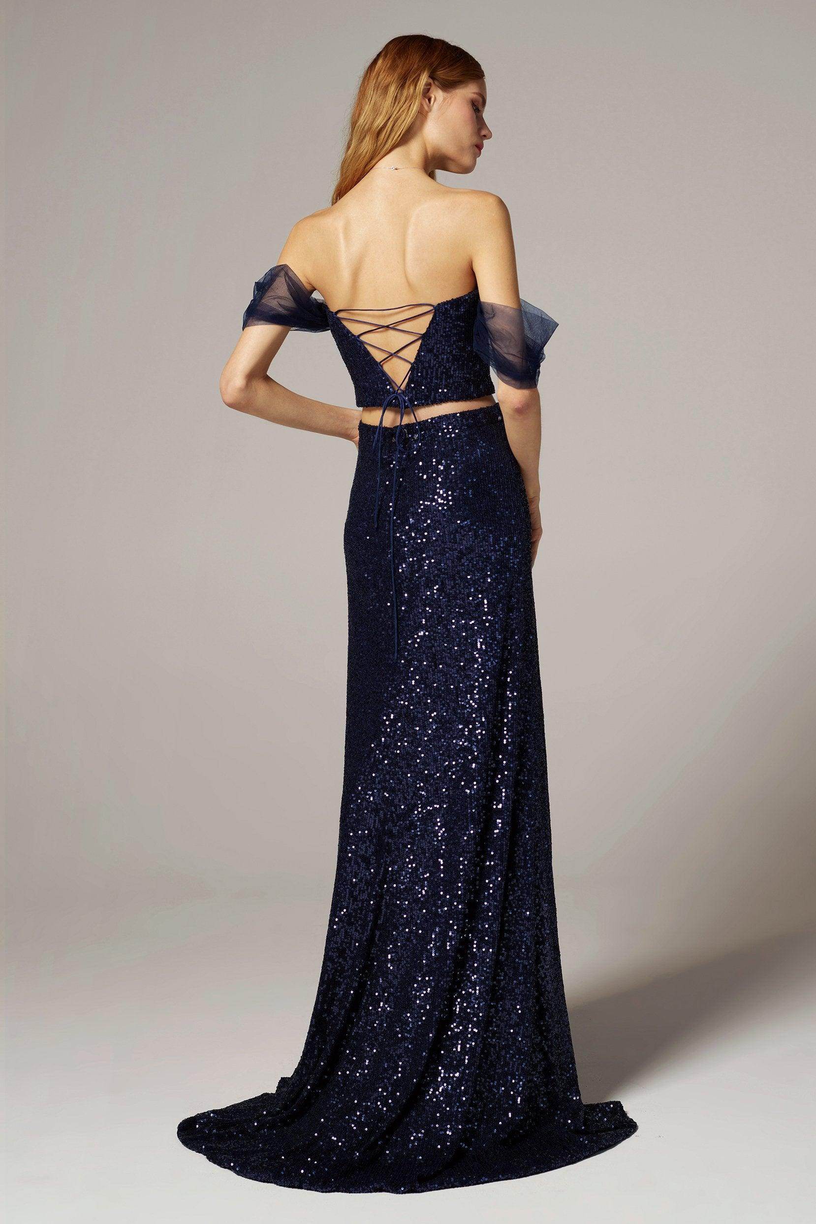 Modern Two-Piece Straight Neck Off-Shoulder Sequin Slit Prom Dress With Train