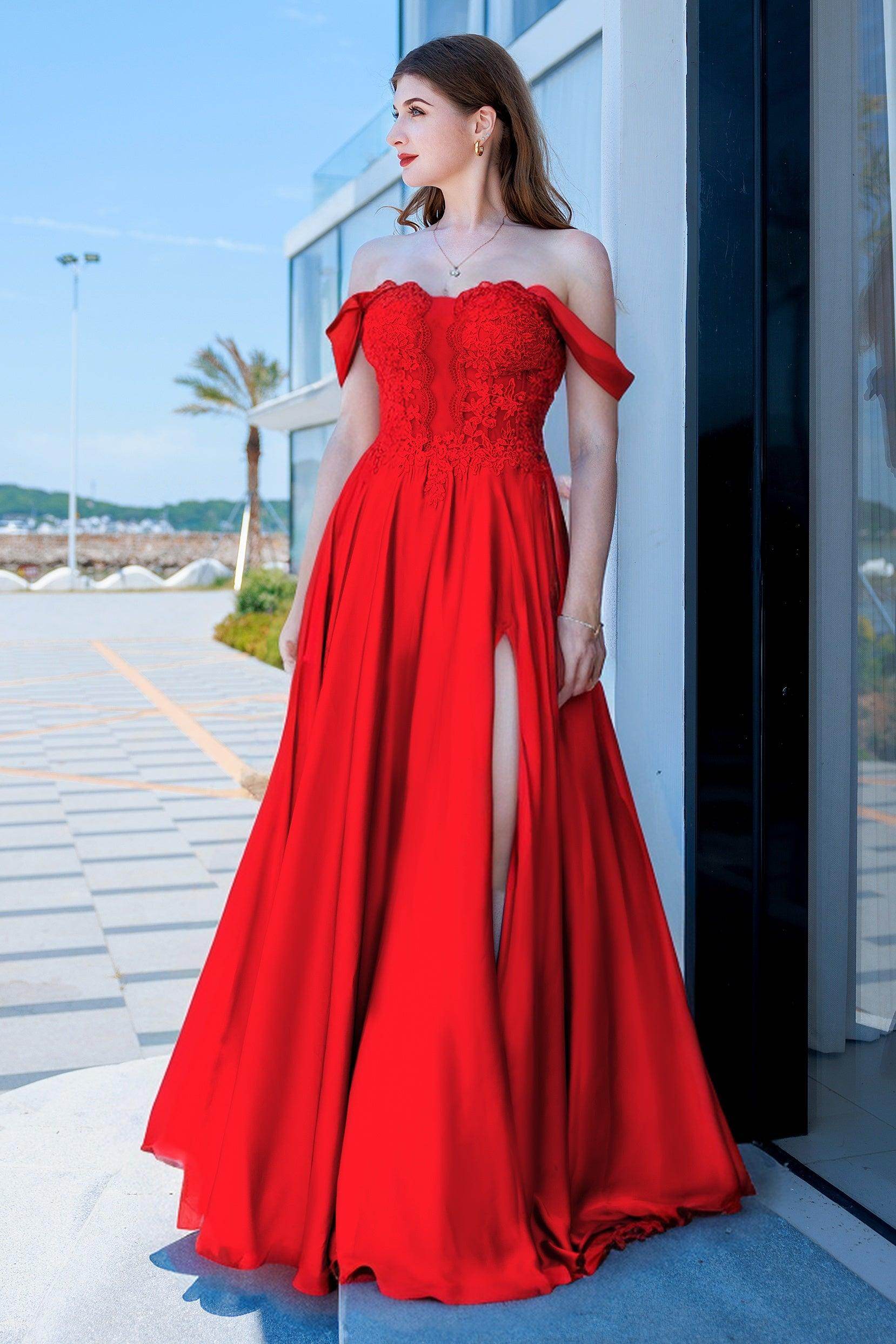 Romantic A-Line Sweetheart Off-Shoulder Satin Appliqué Chiffon Prom Gown with Slit
