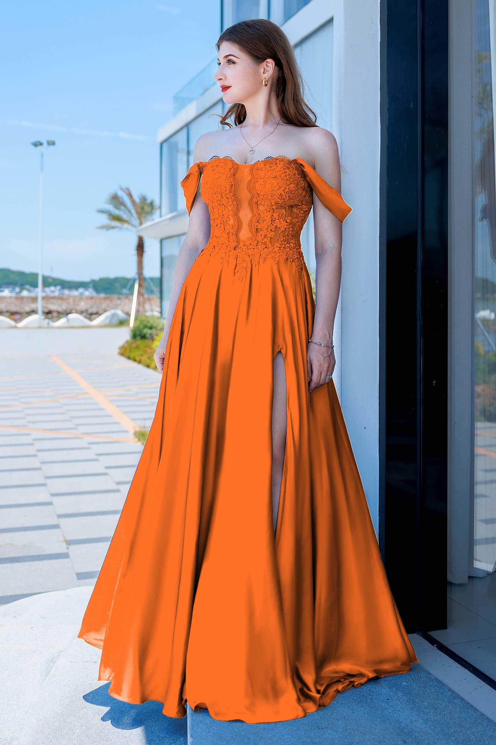 Romantic A-Line Sweetheart Off-Shoulder Satin Appliqué Chiffon Prom Gown with Slit