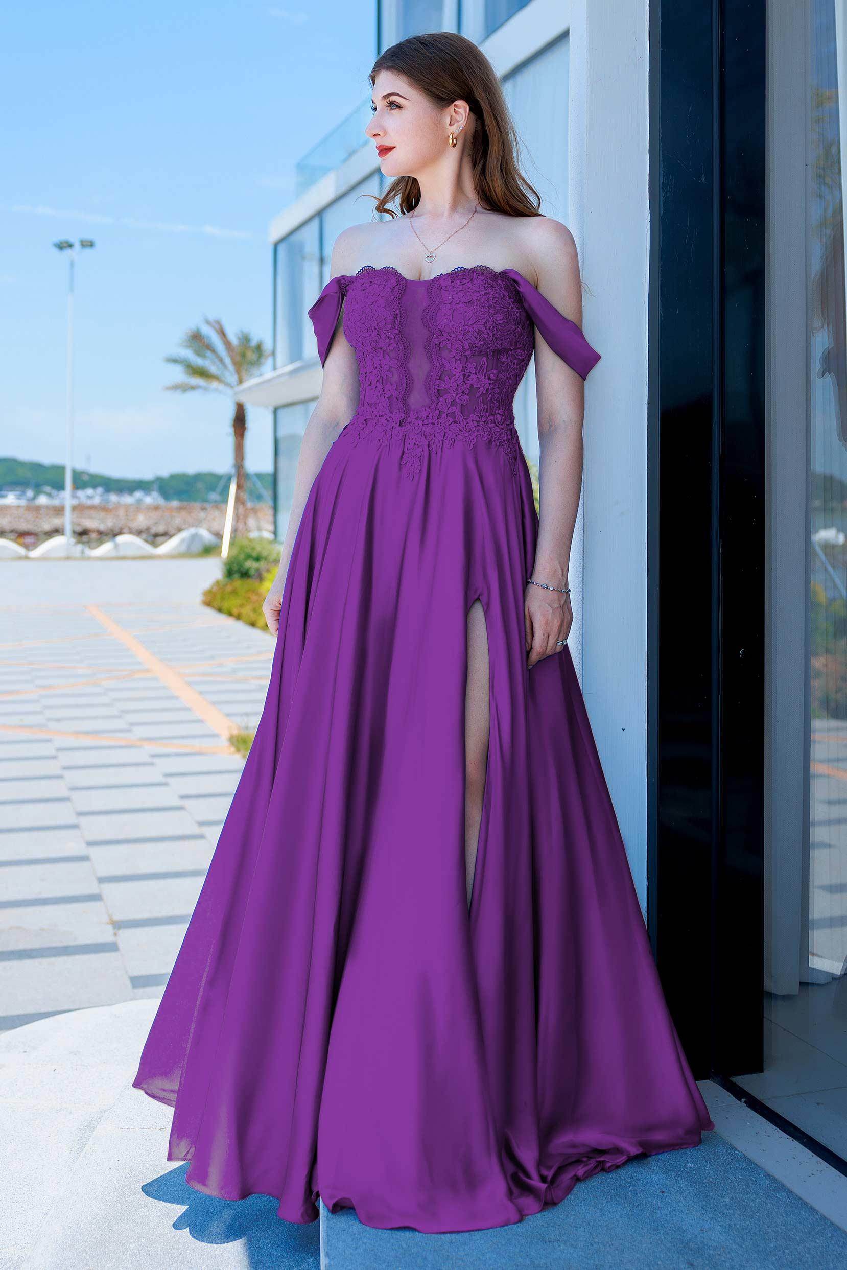 Romantic A-Line Sweetheart Off-Shoulder Satin Appliqué Chiffon Prom Gown with Slit