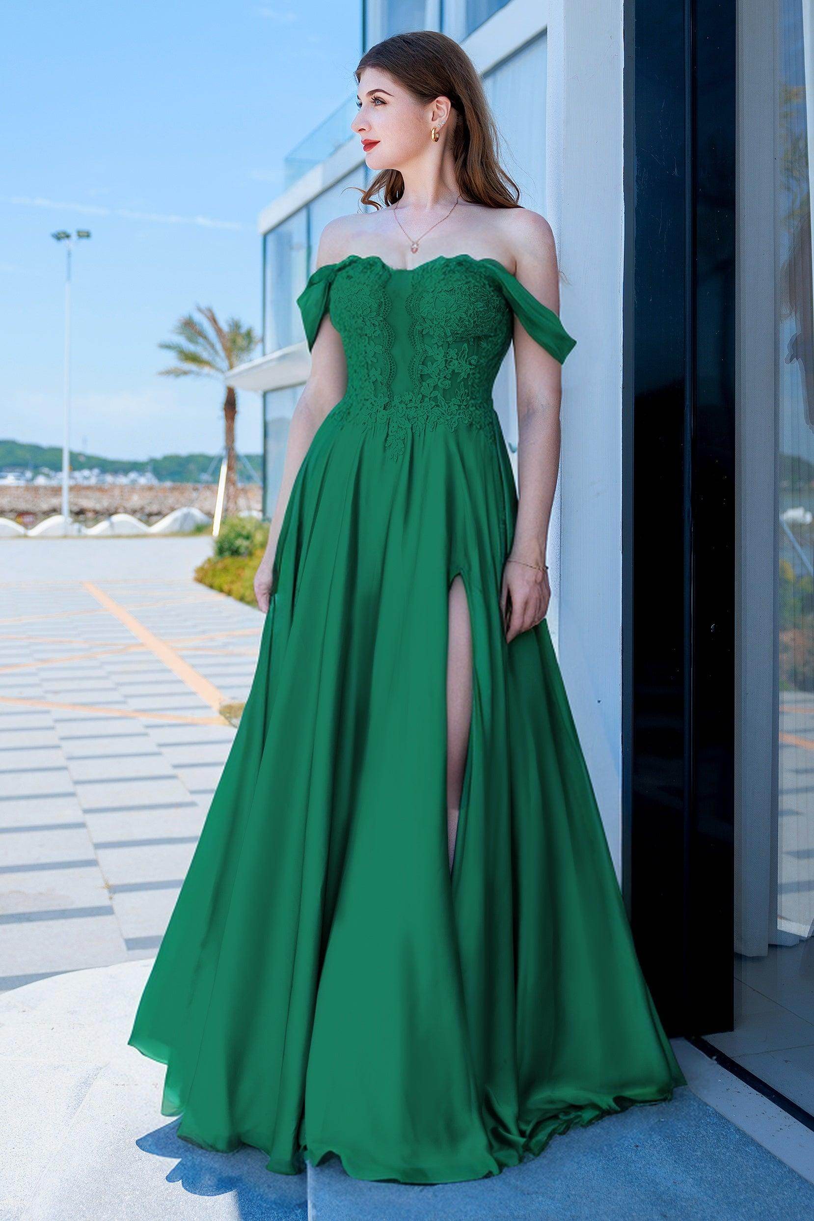 Romantic A-Line Sweetheart Off-Shoulder Satin Appliqué Chiffon Prom Gown with Slit