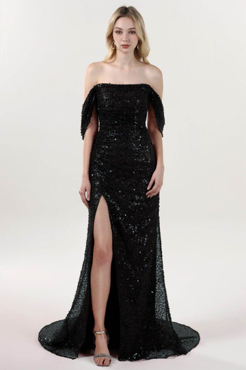 Sheath-Column Sweep-Brush Train Glitter Formal Off-Shoulder Sequin Slit Evening Dress