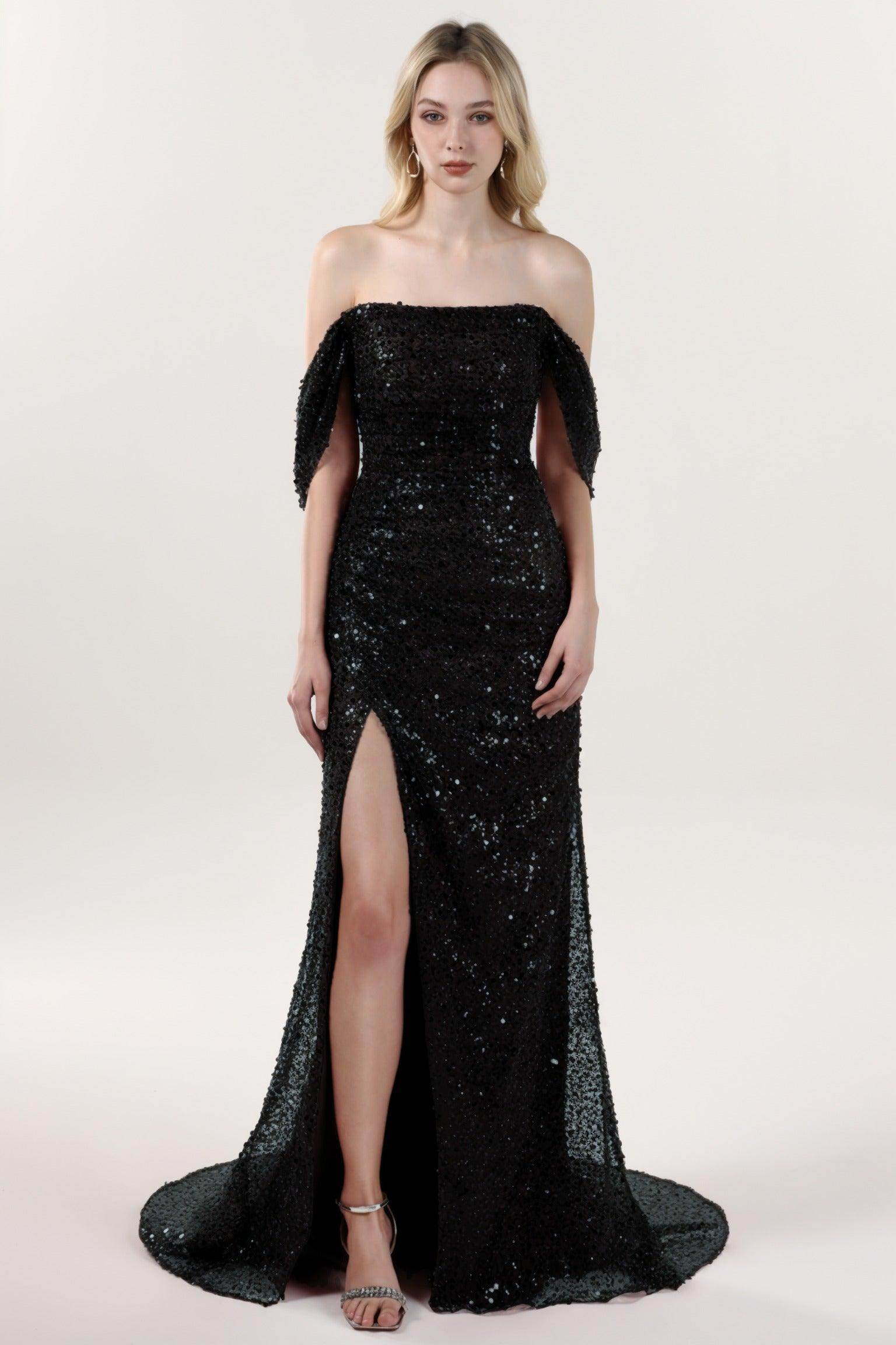 Sheath-Column Sweep-Brush Train Glitter Formal Off-Shoulder Sequin Slit Evening Gown