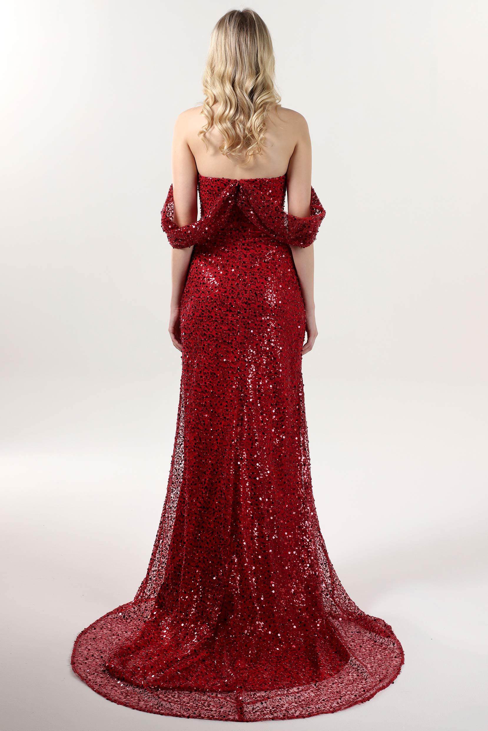 Sheath-Column Sweep-Brush Train Glitter Formal Off-Shoulder Sequin Slit Evening Gown