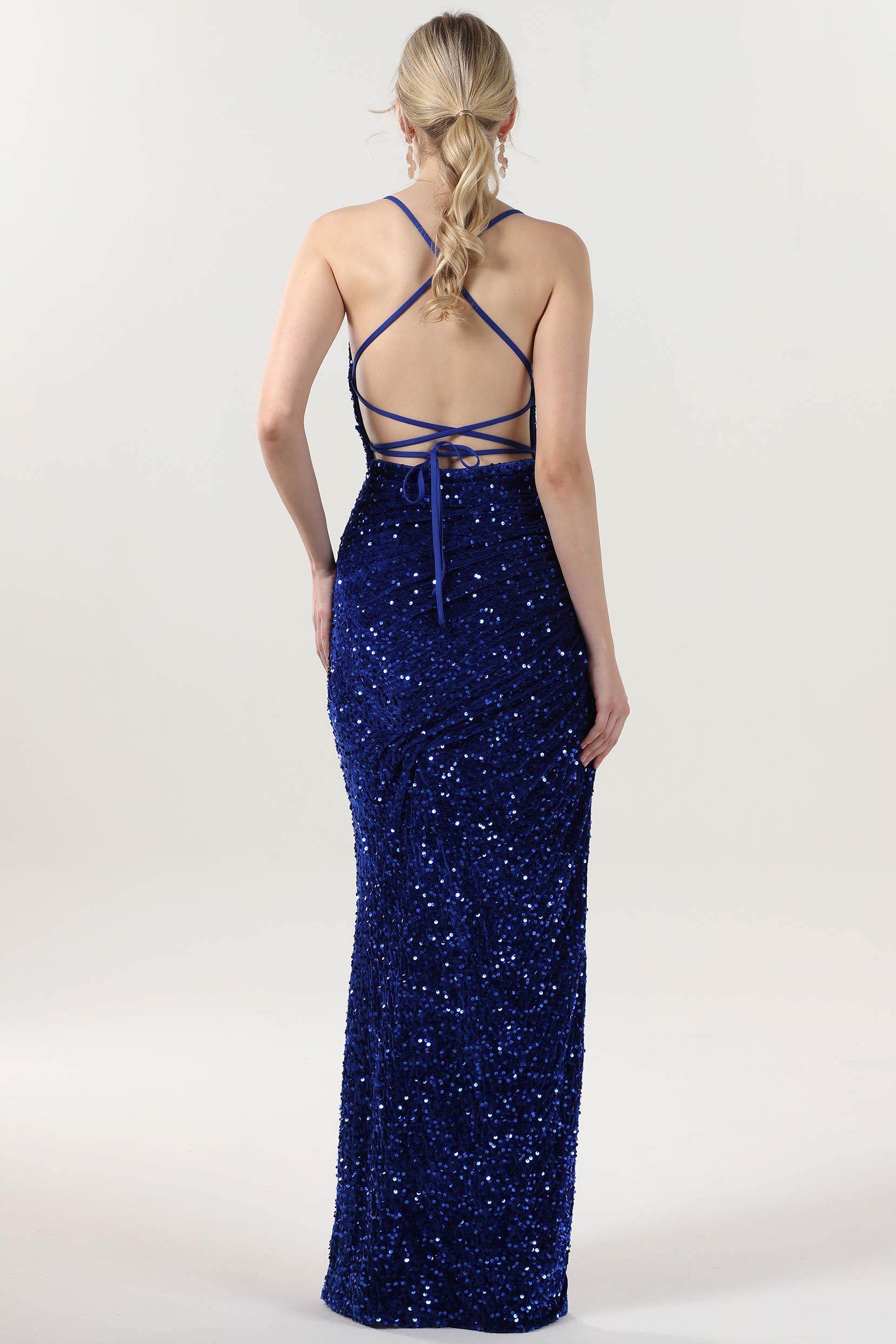 Sleek Sheath Cowl Neck Sleeveless Velvet Sequin Ruched Slit Evening Dress