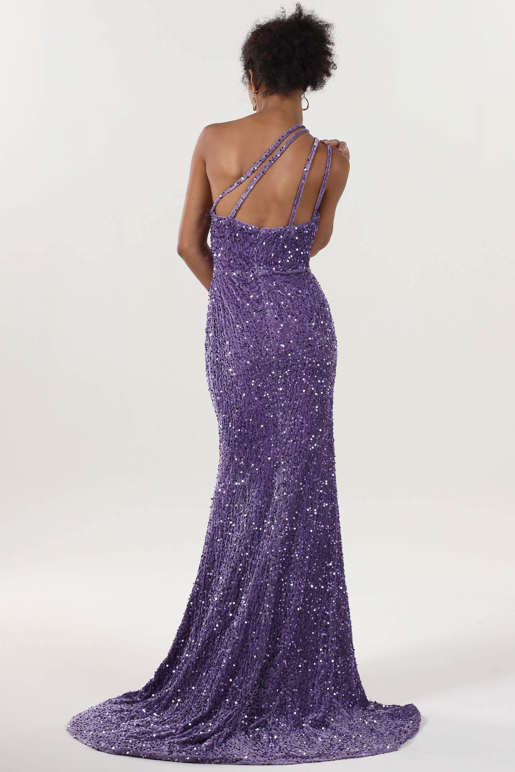 Sheath One-Shoulder Sleeveless Velvet Sequin Ruched Evening Dress With Sweep-Brush Train