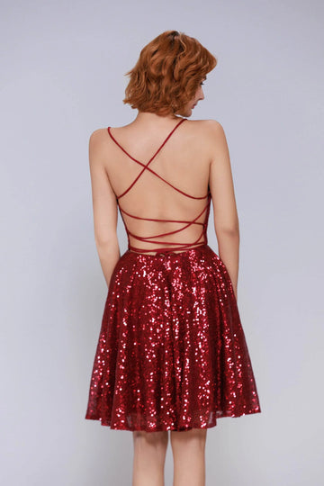 Radiant A-Line V Neck Spaghetti Strap Sequin Open Back Homecoming Dress