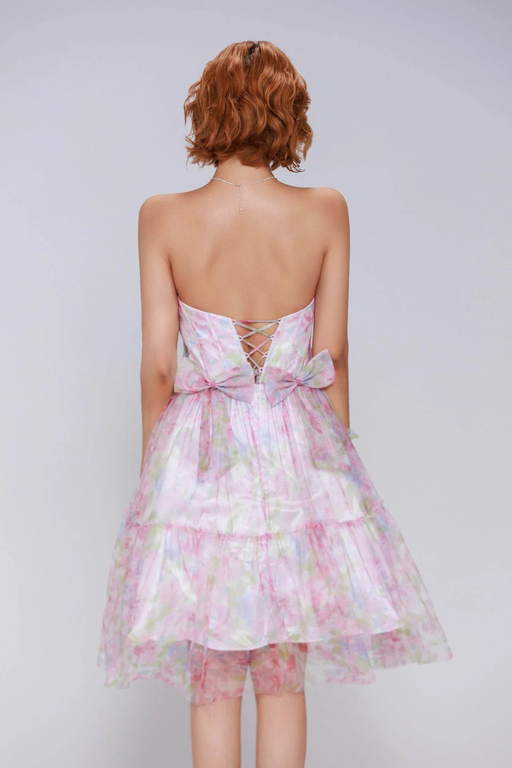 Dreamy A-Line Strapless Floral Printed Tulle Bow-Back Homecoming Dress