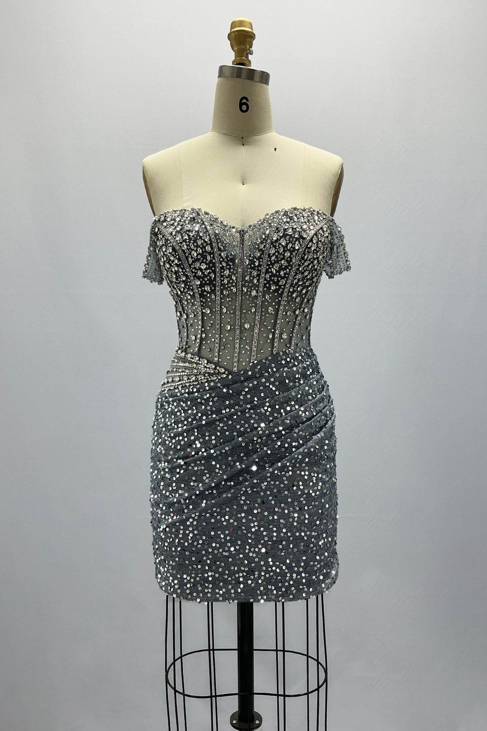 Luxe Sheath Scoop Neck Sleeveless Sequin Mesh Beaded Corset Homecoming Dress