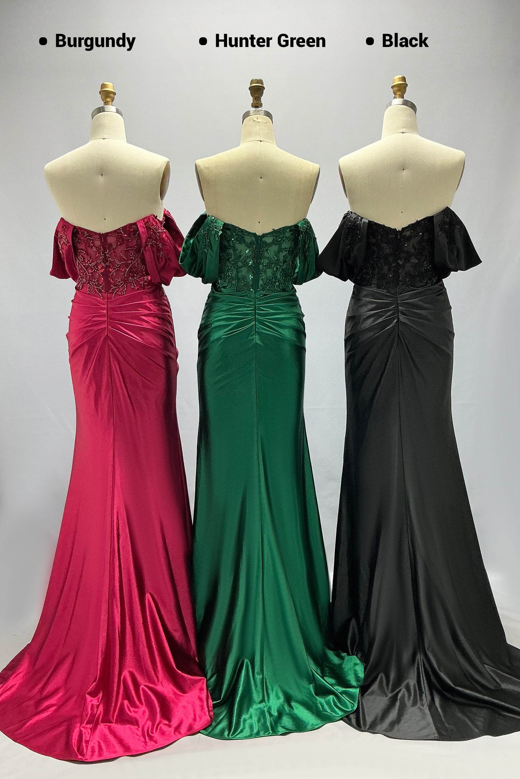 Polished Sheath Off-Shoulder Satin Appliqué Sweep-Brush Train Evening Gown with Slit