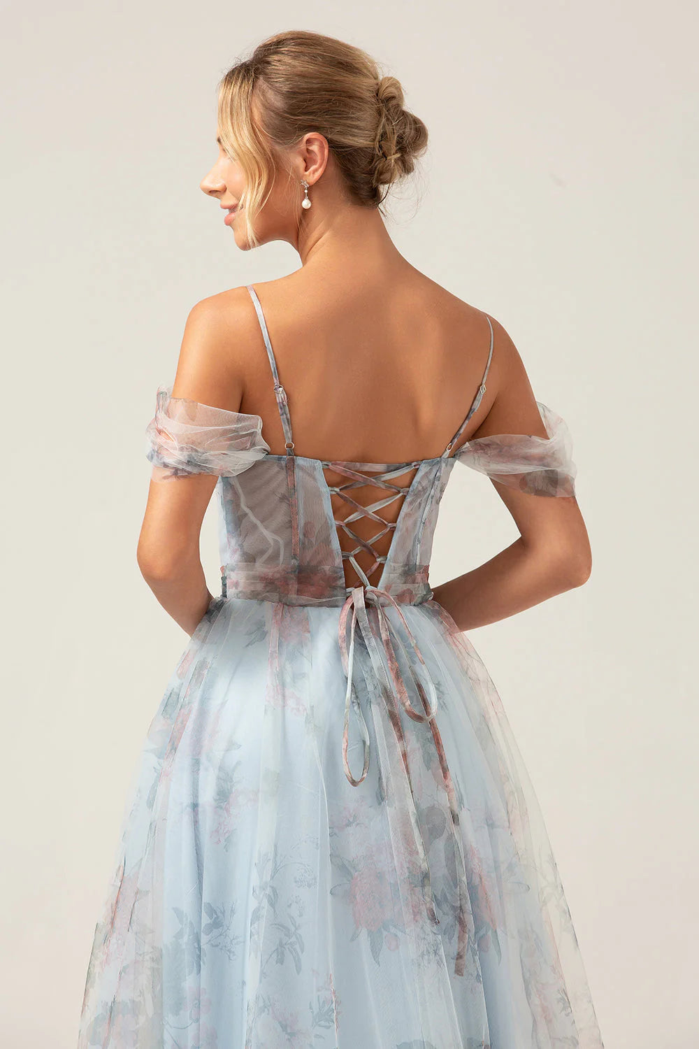 Cold Shoulder A-Line Off Shoulder Floral Tulle Corset High Slit Prom Dress