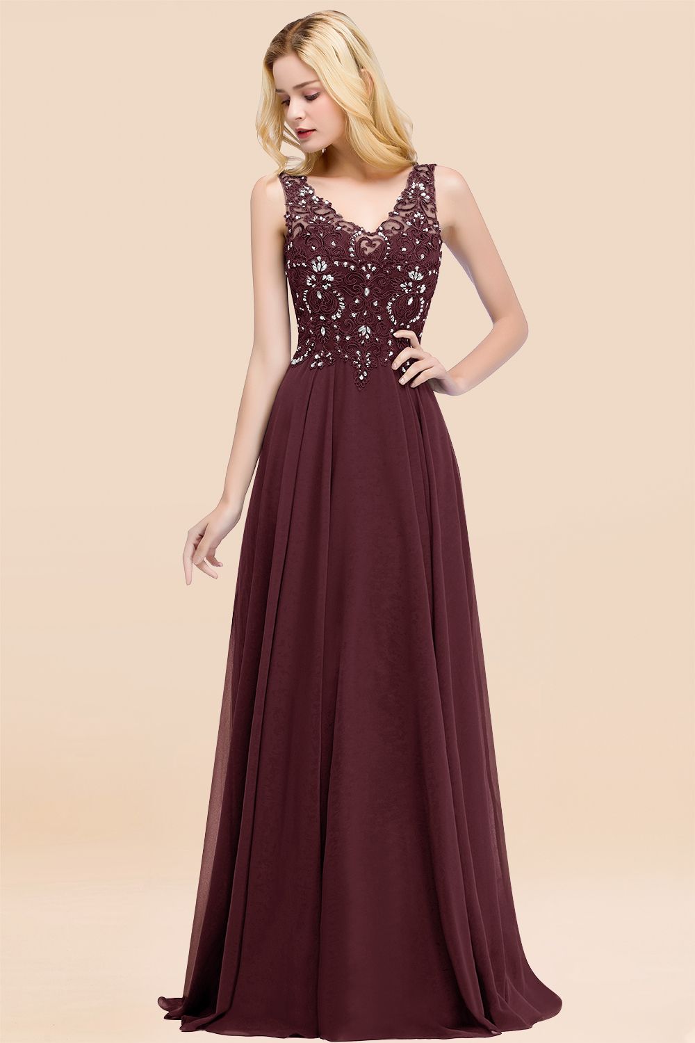 A-line V Neck Sleeveless Chiffon Applique Lace Floor Length Bridesmaid Dresses