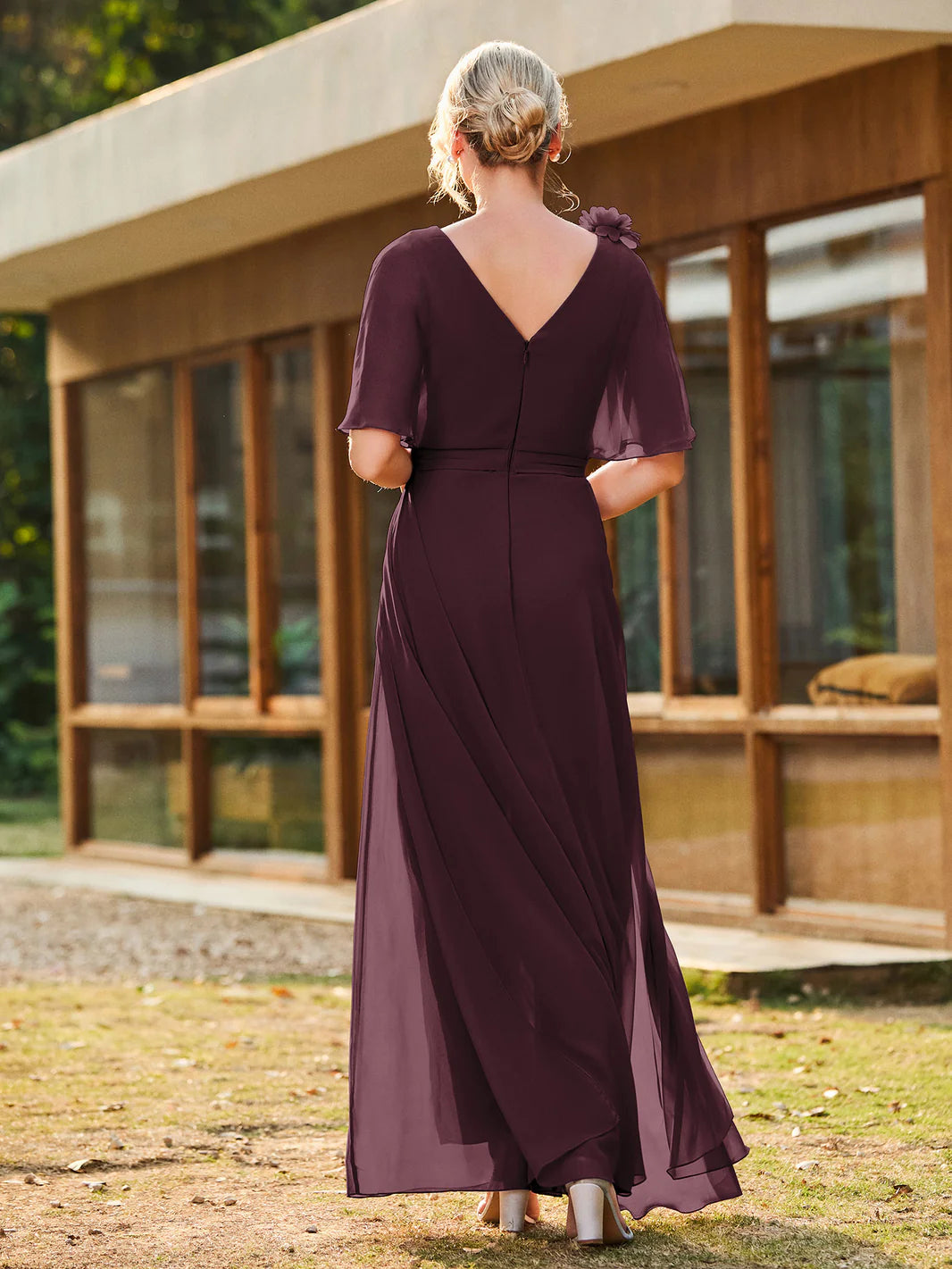 Chiffon V-Neck Mother of the Bride Dress, Short Flutter Sleeve Formal Evening Gown