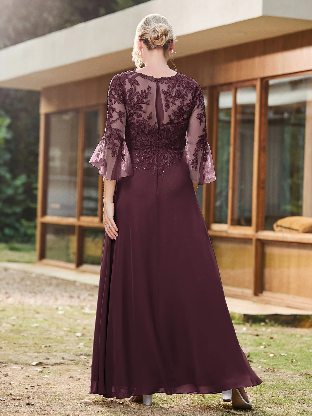 Lace Appliques Chiffon Mother of the Bride Dress, Illusion Neck 3/4 Bell Sleeve Wedding Guest Dress