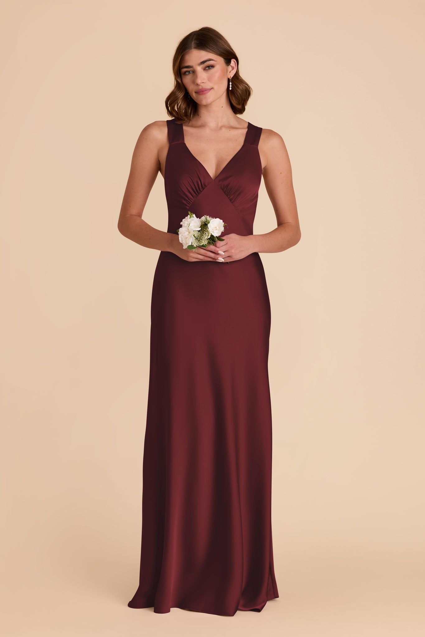 Women's Satin V-Neck Bridesmaid Dresses Maxi Dress with Crisscross Back Straps & Ruched Bust Formal Evening Gown