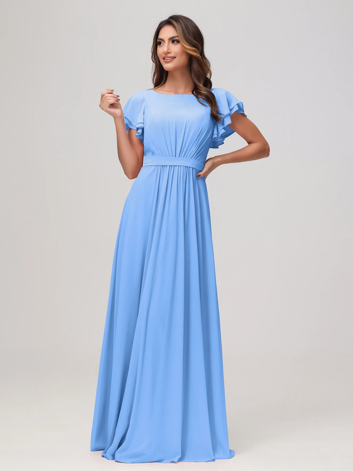 Bateau Neck Flutter Sleeve Chiffon A-Line Bridesmaid Maxi Dress