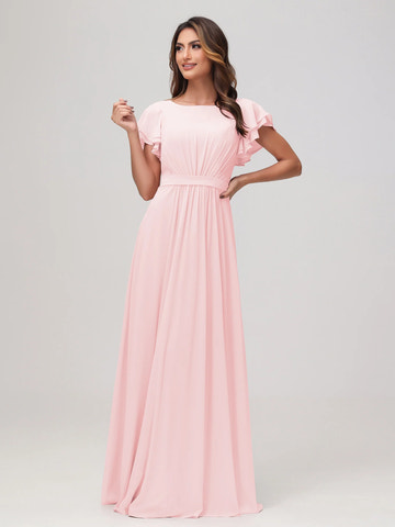 Bateau Neck Flutter Sleeve Chiffon A-Line Bridesmaid Maxi Dress