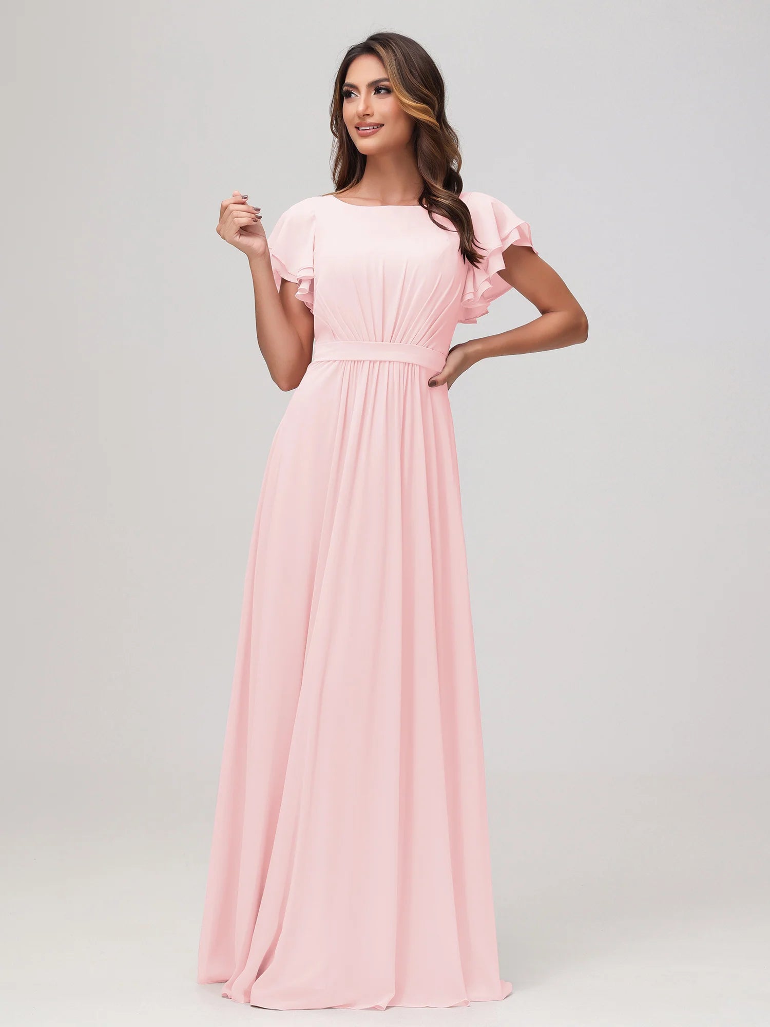 Bateau Neck Flutter Sleeve Chiffon A-Line Bridesmaid Maxi Dress