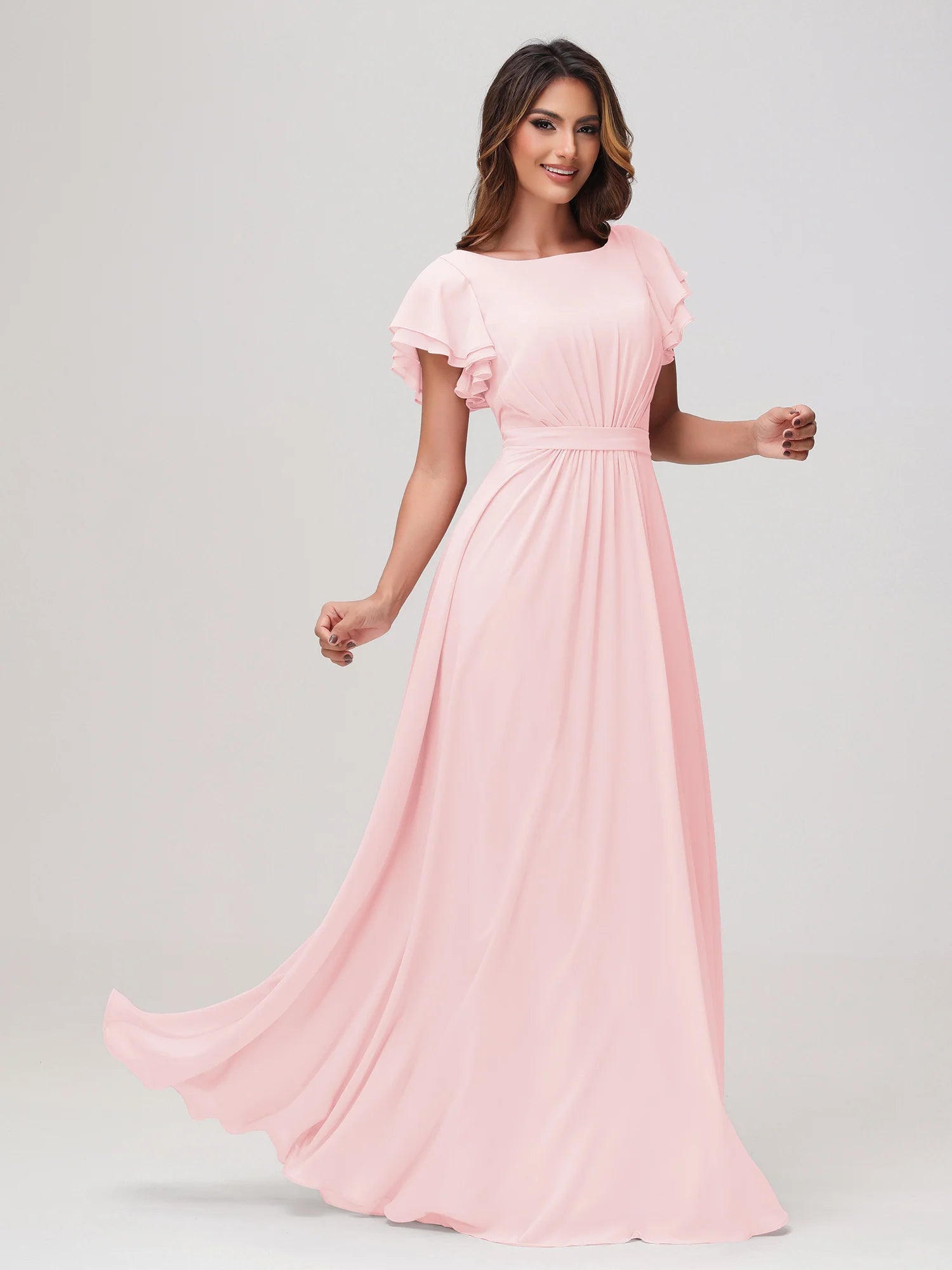 Bateau Neck Flutter Sleeve Chiffon A-Line Bridesmaid Maxi Dress